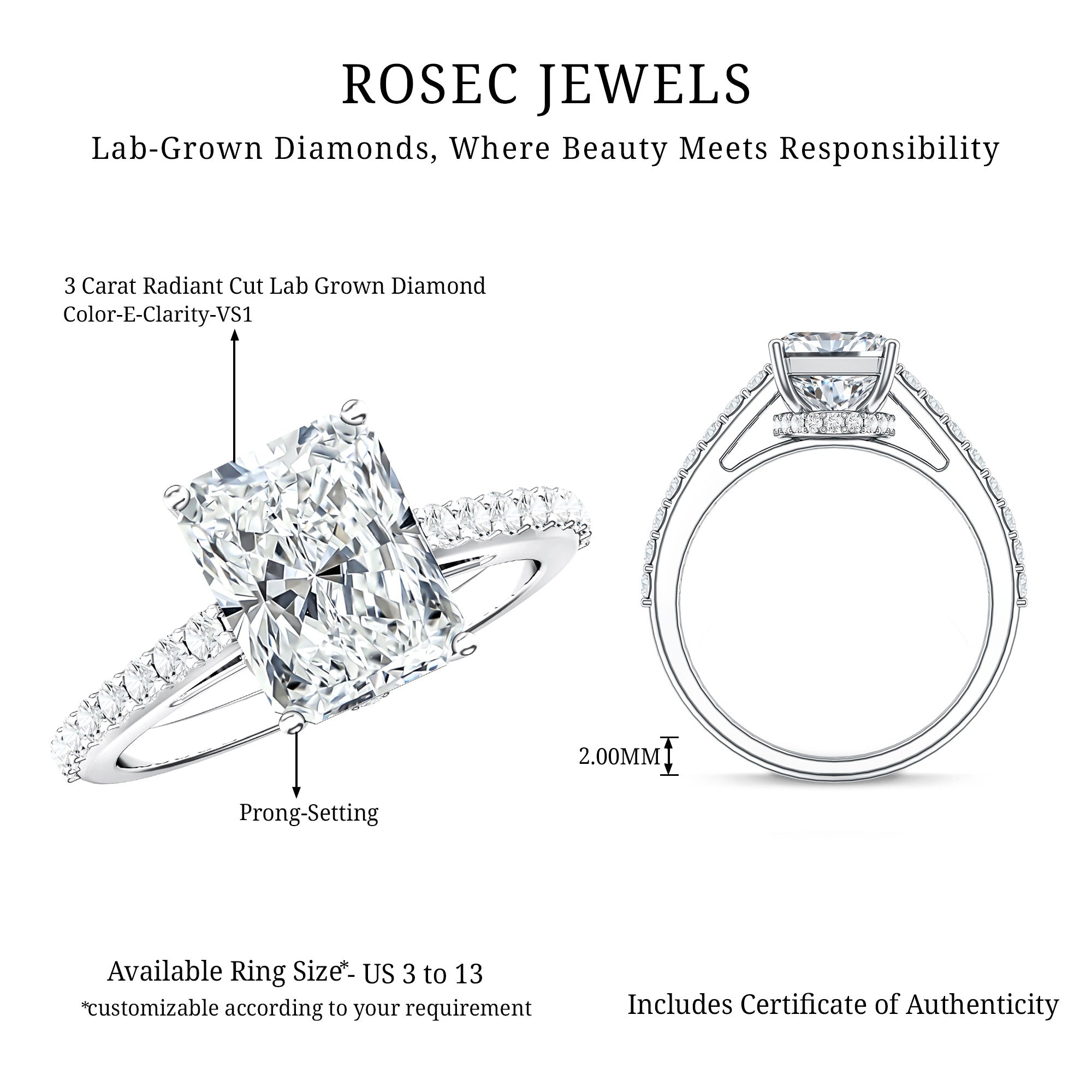 Rosec Jewels-3 Carat Radiant Cut Lab Grown Diamond Hidden Halo Engagement Ring with IGI Certificate