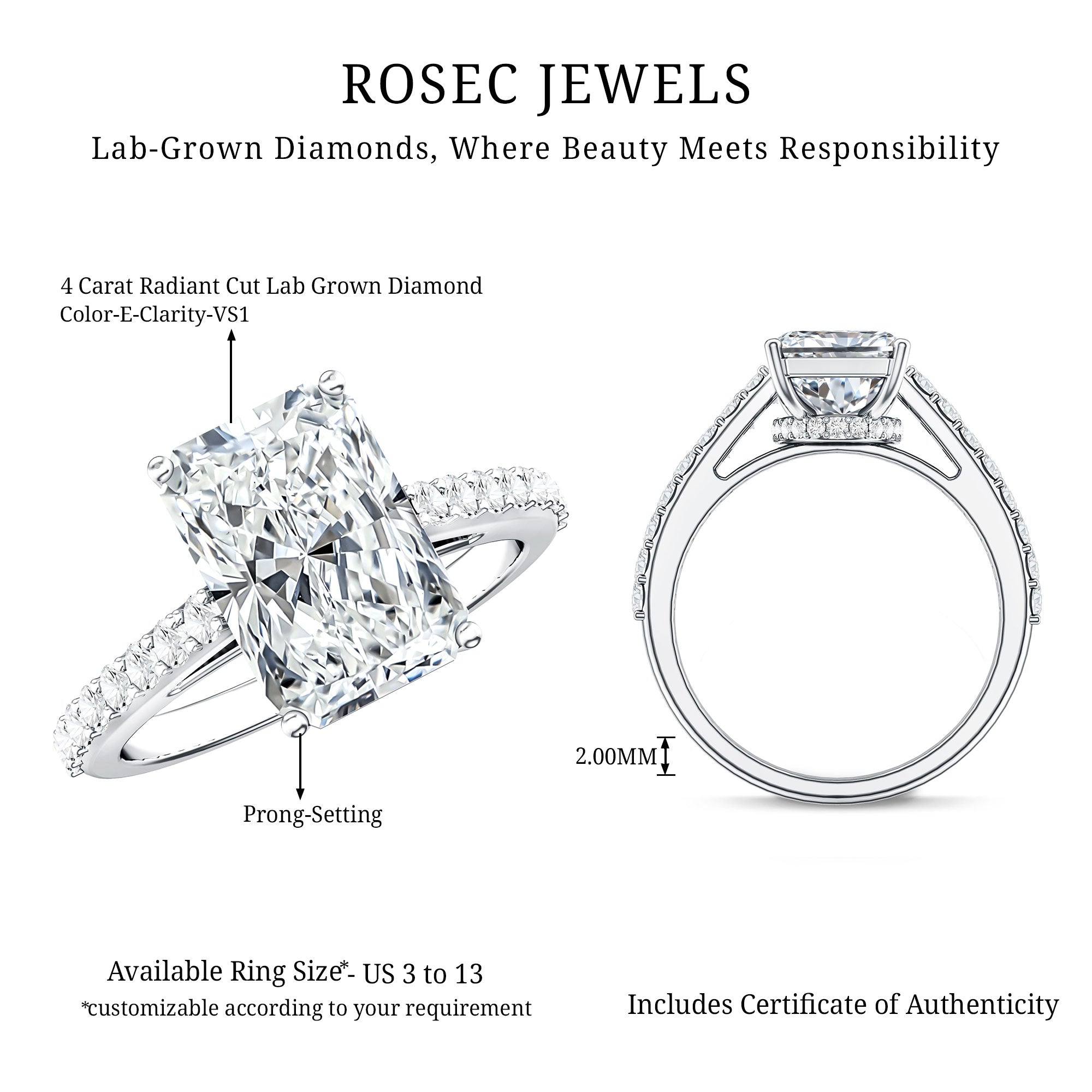 Rosec Jewels-IGI Certified Radiant Cut 4 Carat Lab Grown Diamond Solitaire Engagement Ring with Hidden Halo