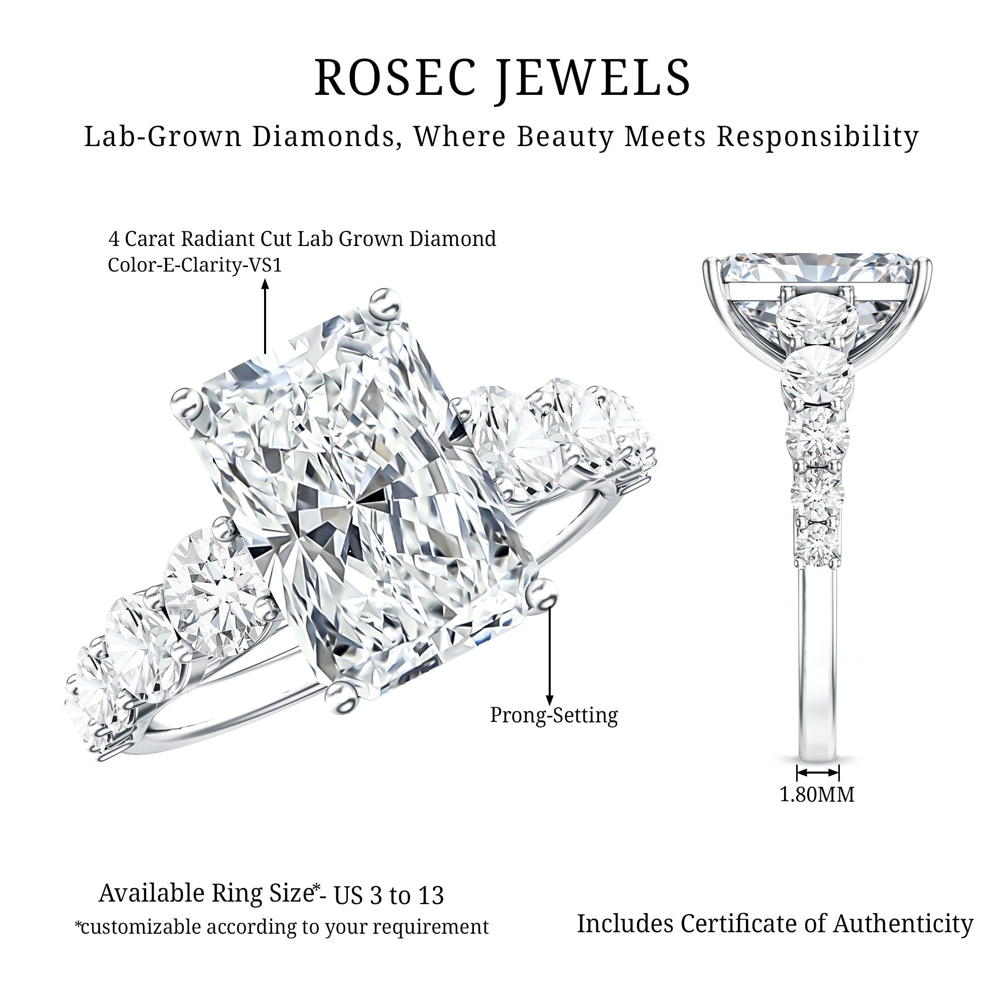 IGI Certified 4 Carat Radiant Cut Lab Grown Diamond Statement Ring with Side Stones Lab - ( E-VS1 ) - Rosec Jewels