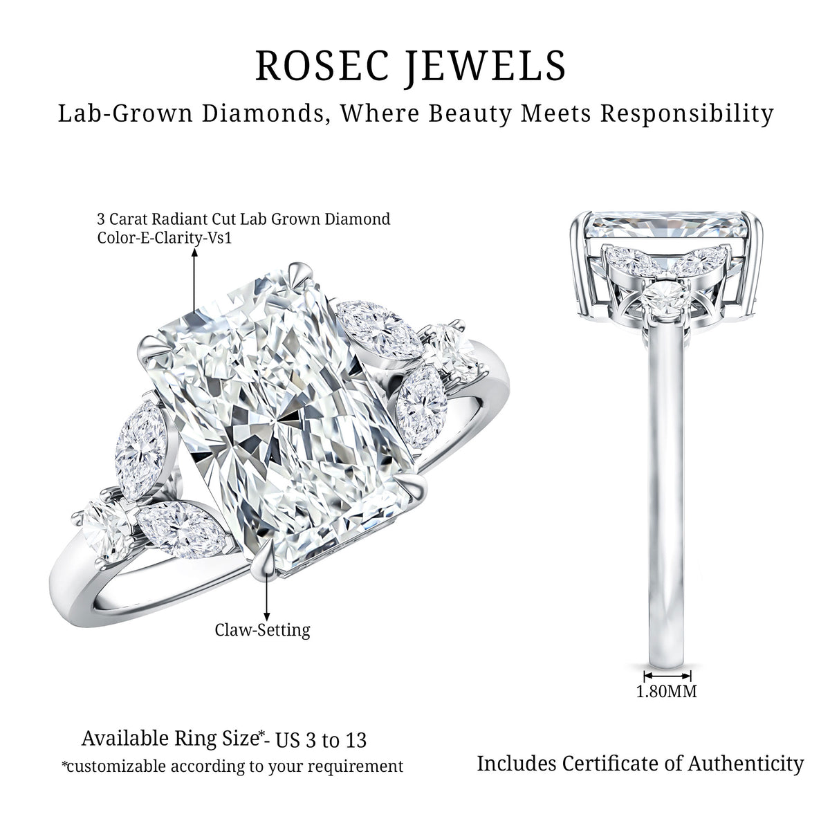 Lab Grown Diamond 3 Carat Radiant Cut Engagement Ring with IGI Certificate Lab - ( E-VS1 ) - Rosec Jewels