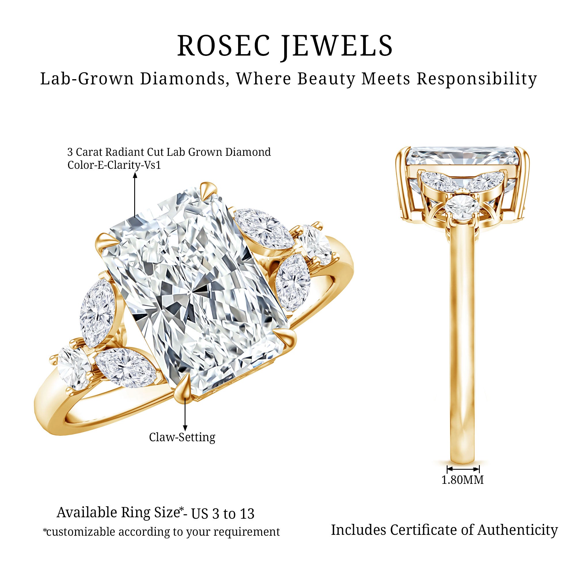 Rosec Jewels-Lab Grown Diamond 3 Carat Radiant Cut Engagement Ring with IGI Certificate