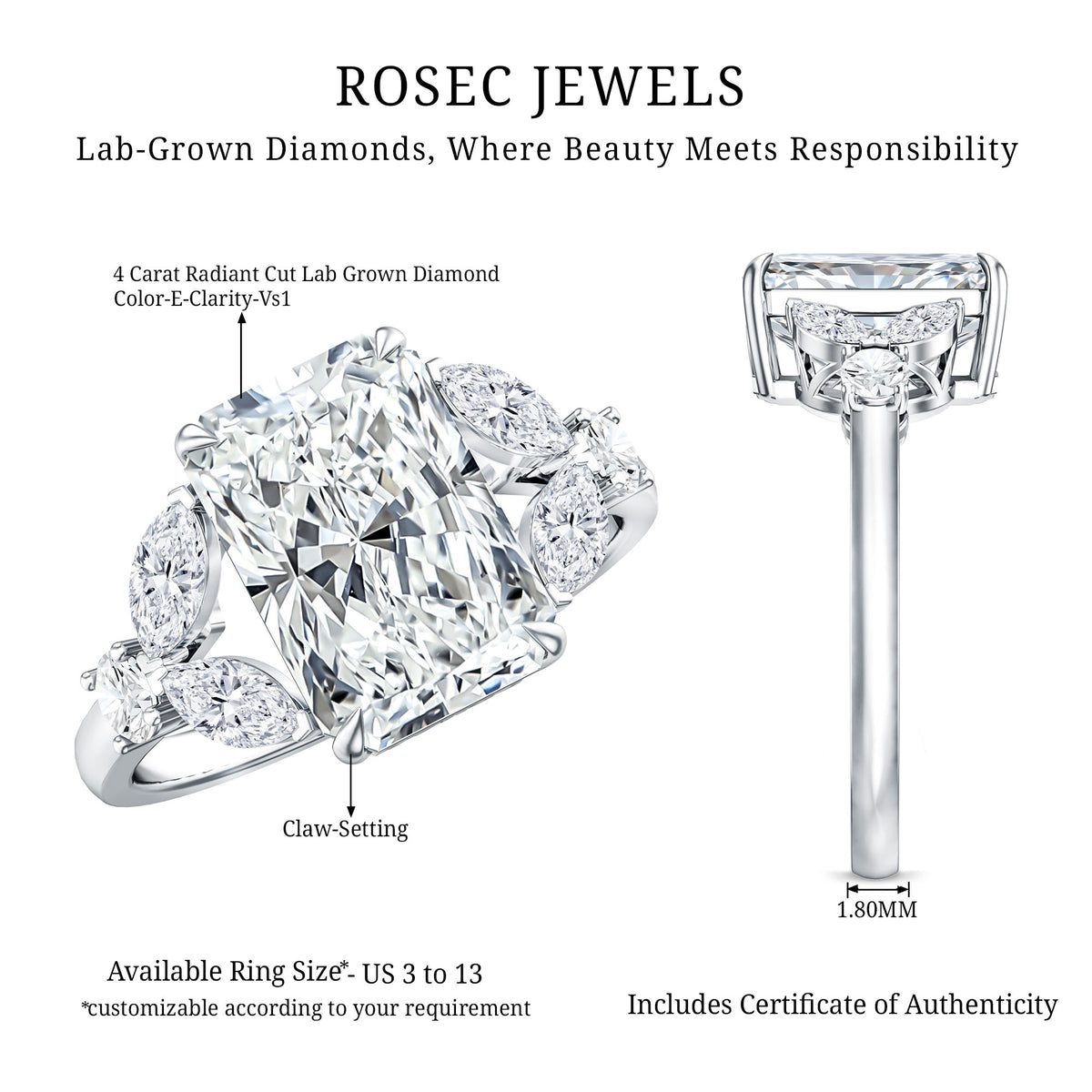 4 Carat Radiant Cut Lab Grown Diamond Split Shank Engagement Ring IGI Certified Lab - ( E-VS1 ) - Rosec Jewels