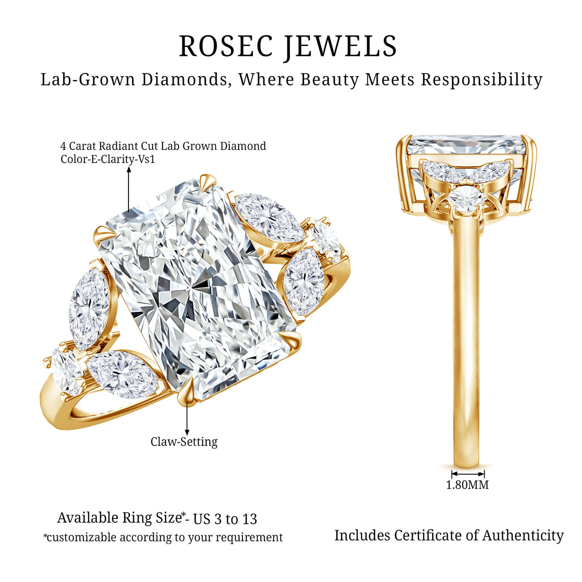 4 Carat Radiant Cut Lab Grown Diamond Split Shank Engagement Ring IGI Certified Lab - ( E-VS1 ) - Rosec Jewels