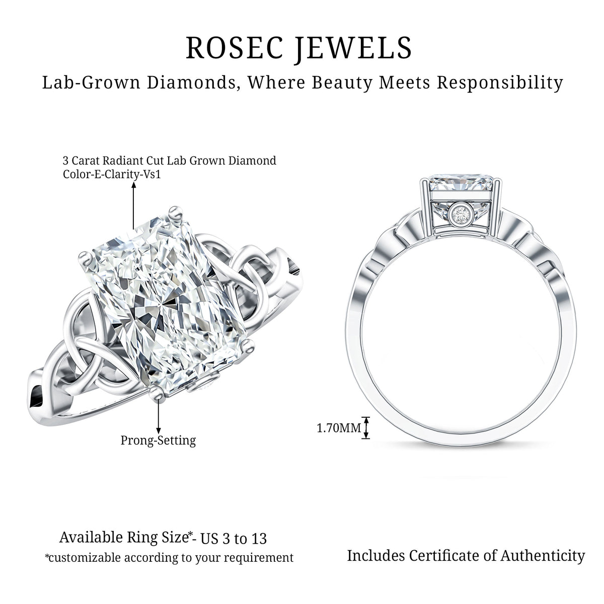 IGI Certified 3 Carat Radiant Cut Lab Diamond Knot Engagement Ring Lab - ( E-VS1 ) - Rosec Jewels