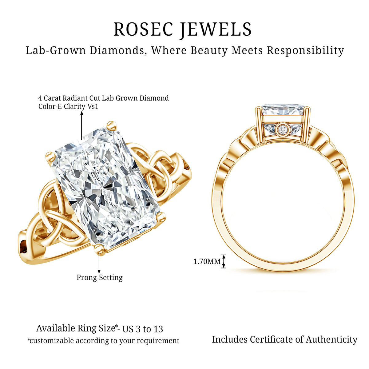 Radiant Cut 4 Carat Lab Diamond Celtic Knot Engagement Ring with IGI Certificate Lab - ( E-VS1 ) - Rosec Jewels