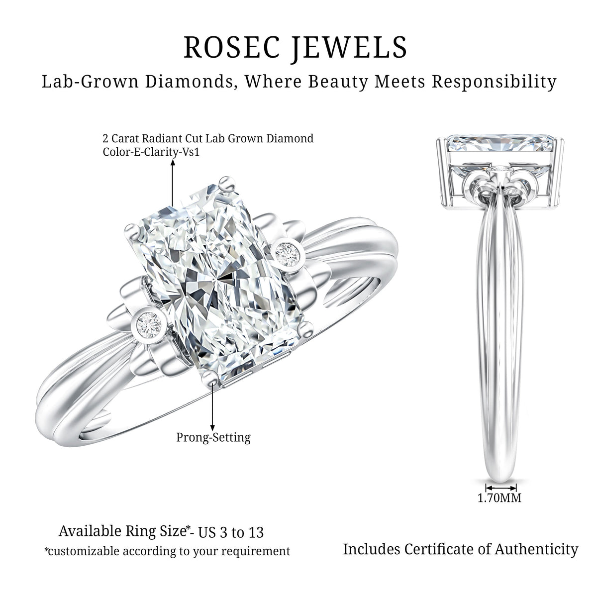 IGI Certified 2 Carat Lab Grown Diamond Radiant Cut Engagement Ring with Bow Lab - ( E-VS1 ) - Rosec Jewels