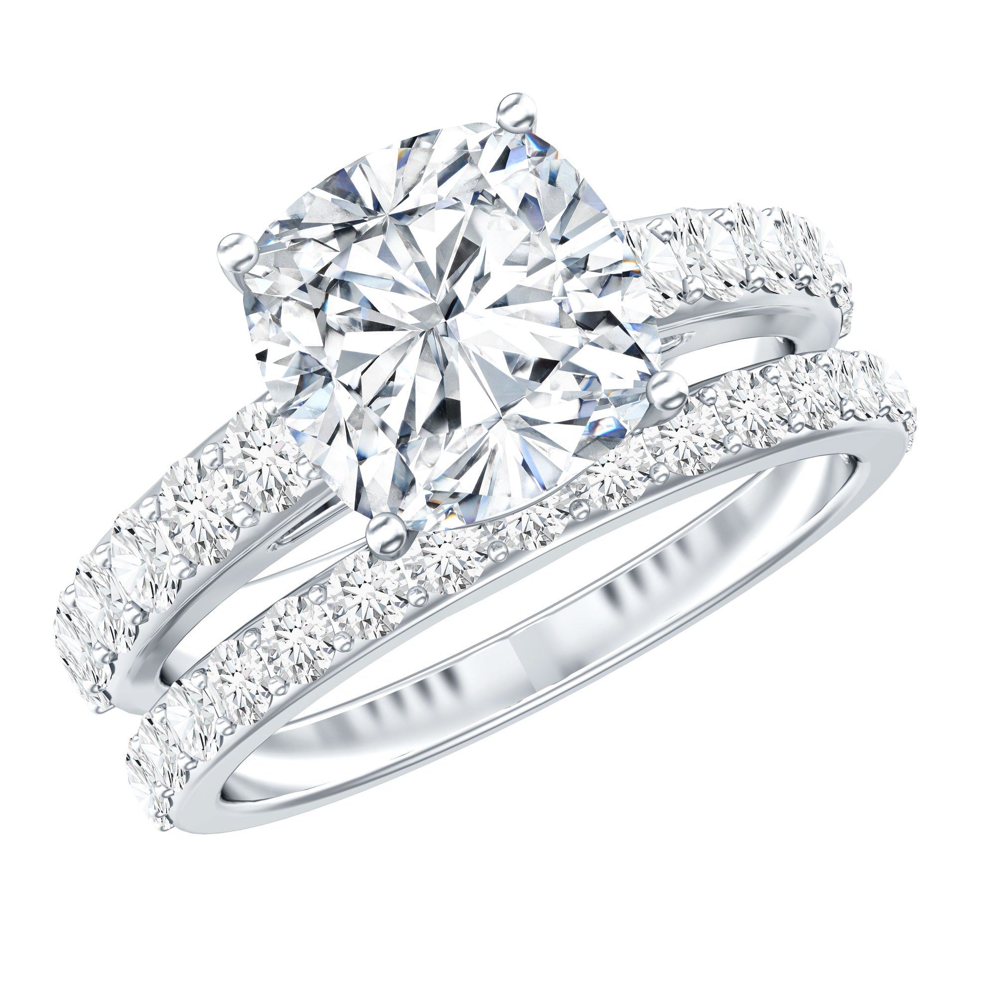 IGI Certified 3 Carat Lab Grown Diamond Cushion Cut Engagement Ring with Wedding Band Lab - ( E-VS1 ) - Rosec Jewels