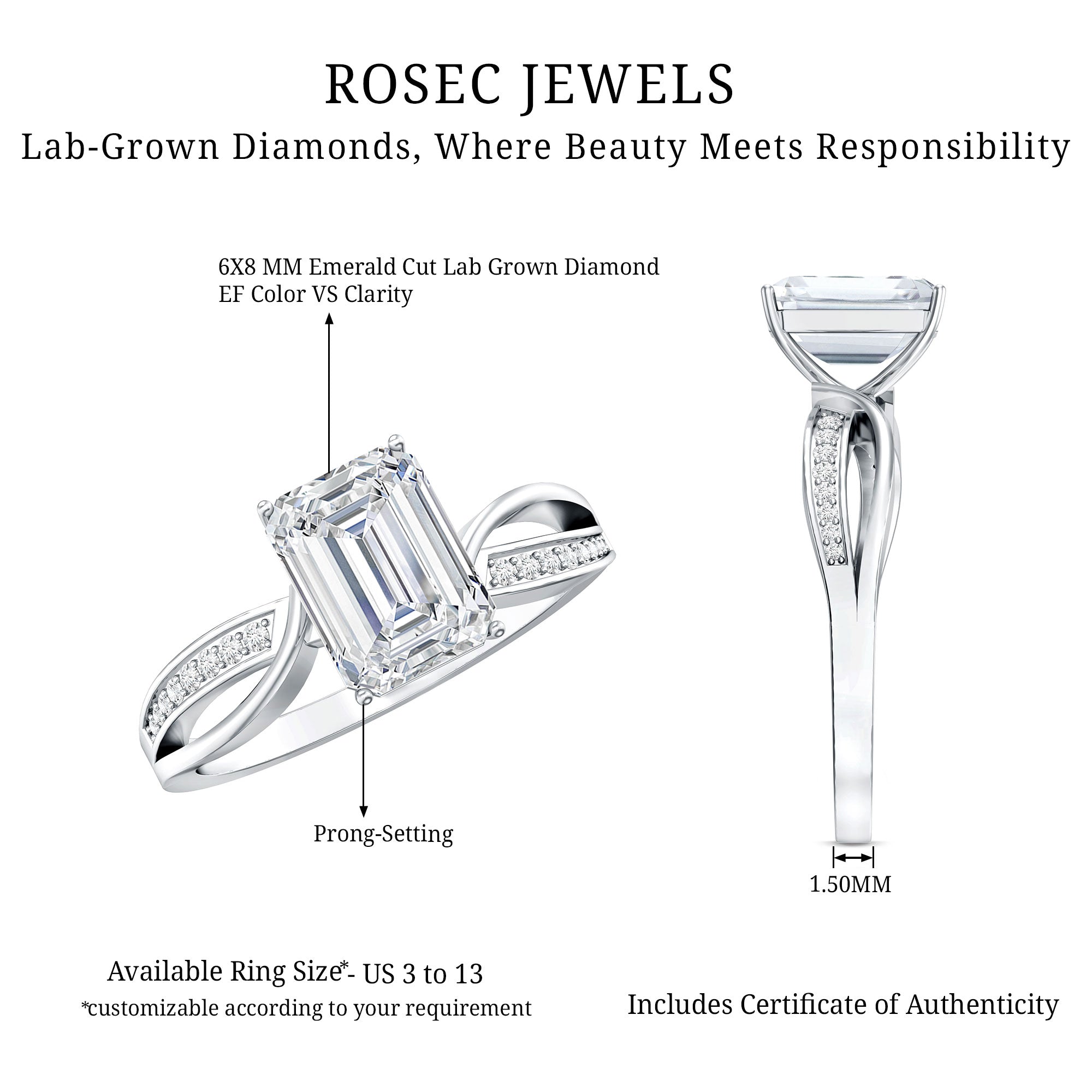 IGI Certified 2 Carat Emerald Cut Lab Grown Diamond Infinity Engagement Ring Lab - ( E-VS1 ) - Rosec Jewels