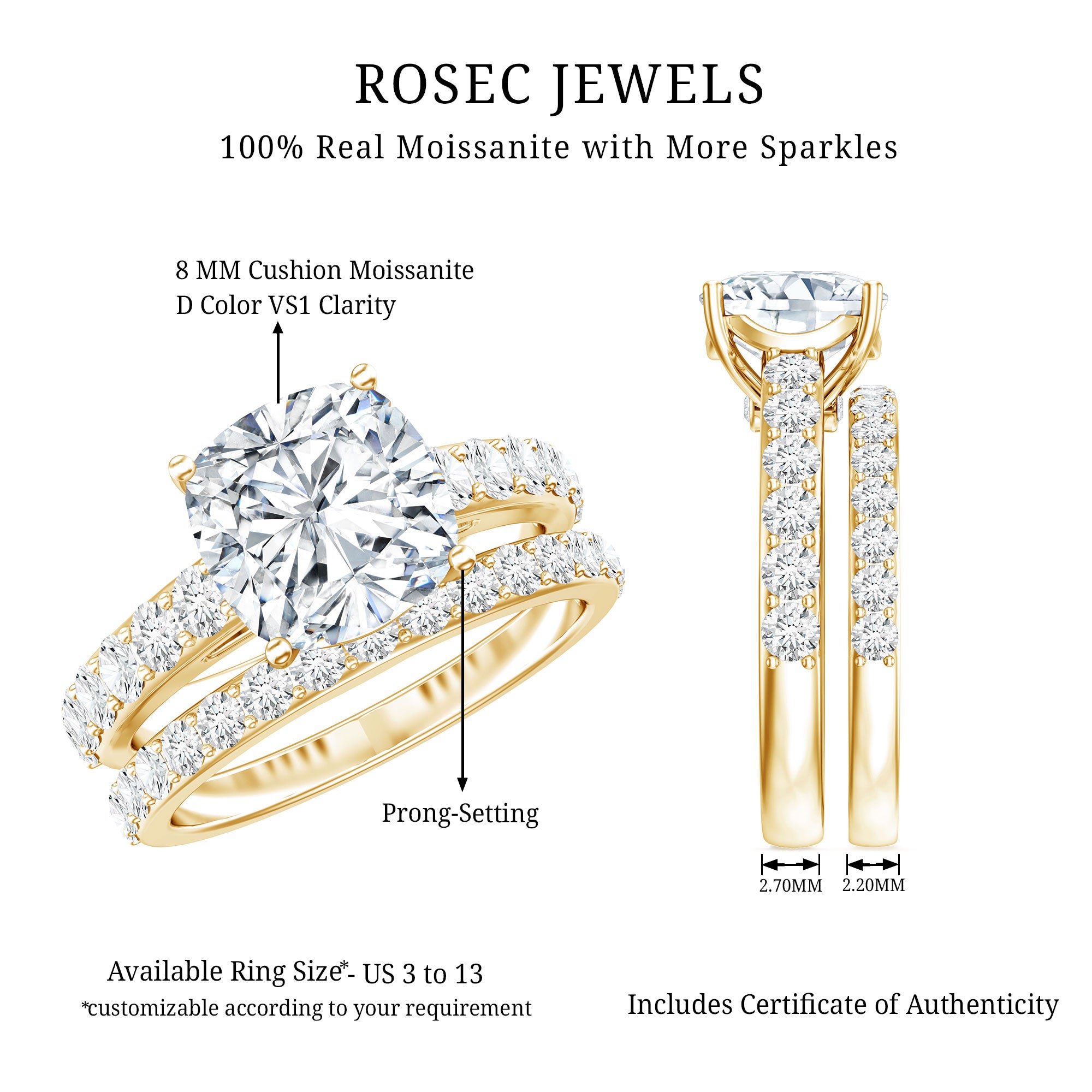 Cushion Cut 2 Carat Lab Grown Diamond Bridal Ring Set with IGI Certificate Lab - ( E-VS1 ) - Rosec Jewels