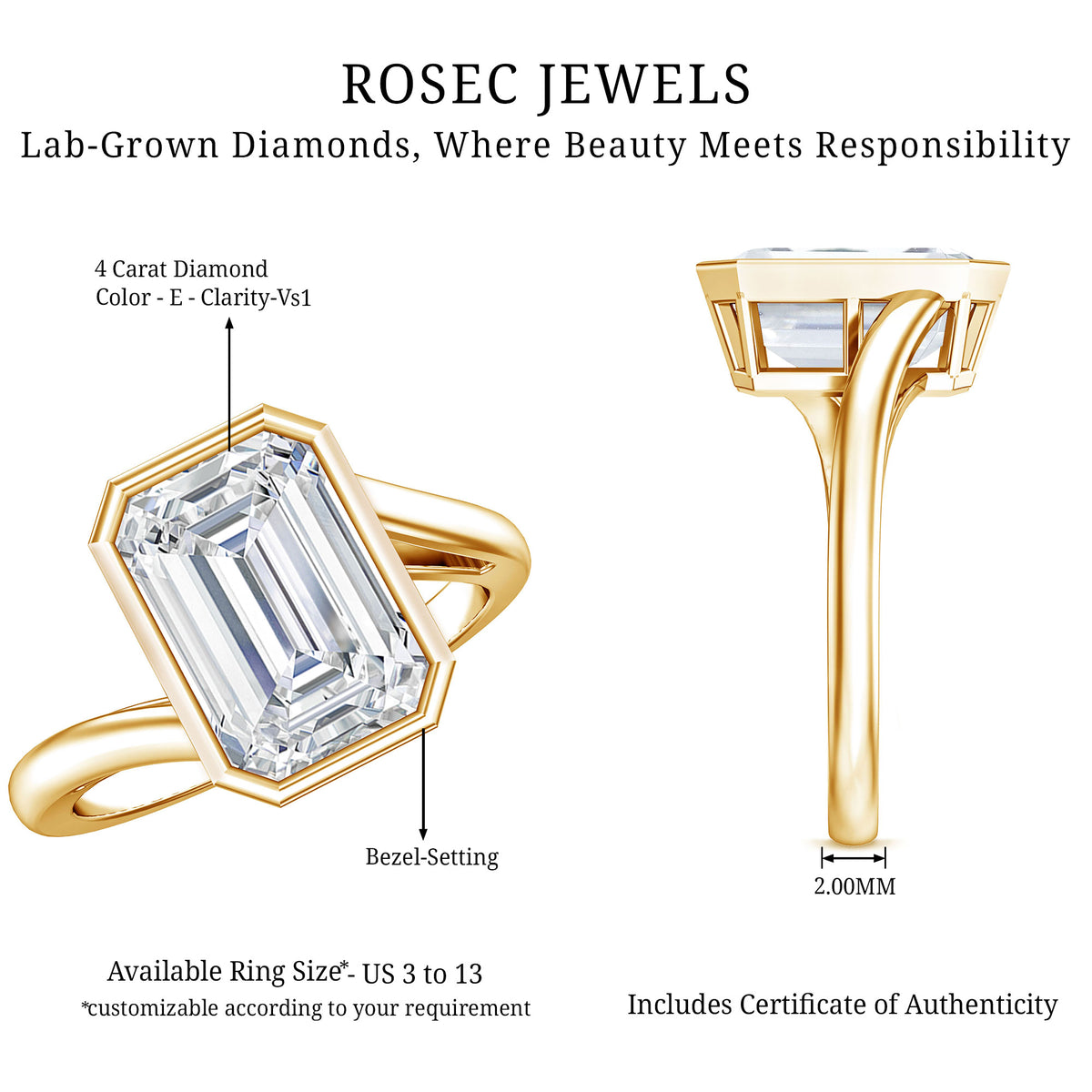 Rosec Jewels-IGI Verified 4 Carat Emerald Cut Lab Grown Diamond Bypass Engagement Ring