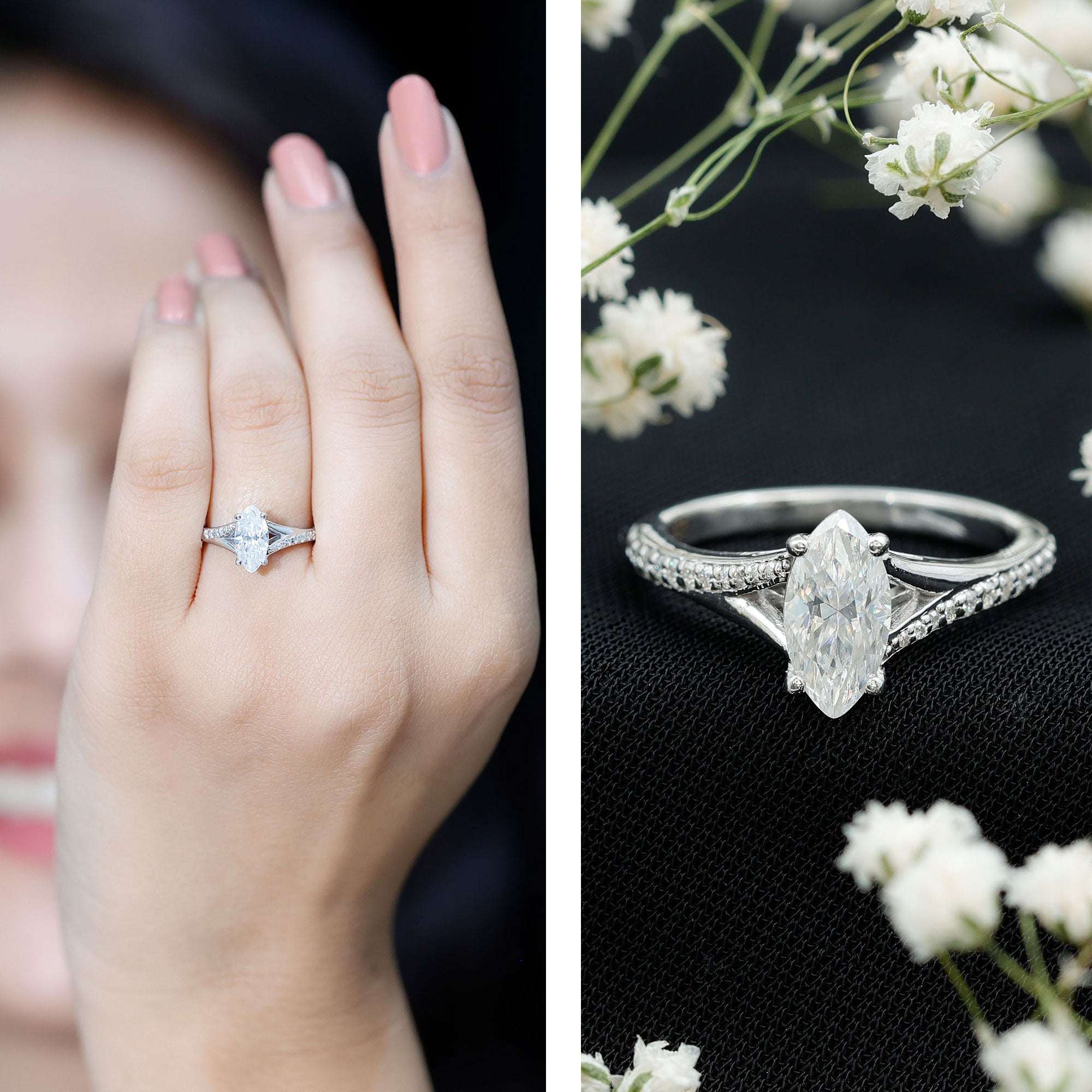 IGI Certified 1 Carat Marquise Lab Grown Diamond Engagement Ring with Split Shank Lab - ( E-VS1 ) - Rosec Jewels
