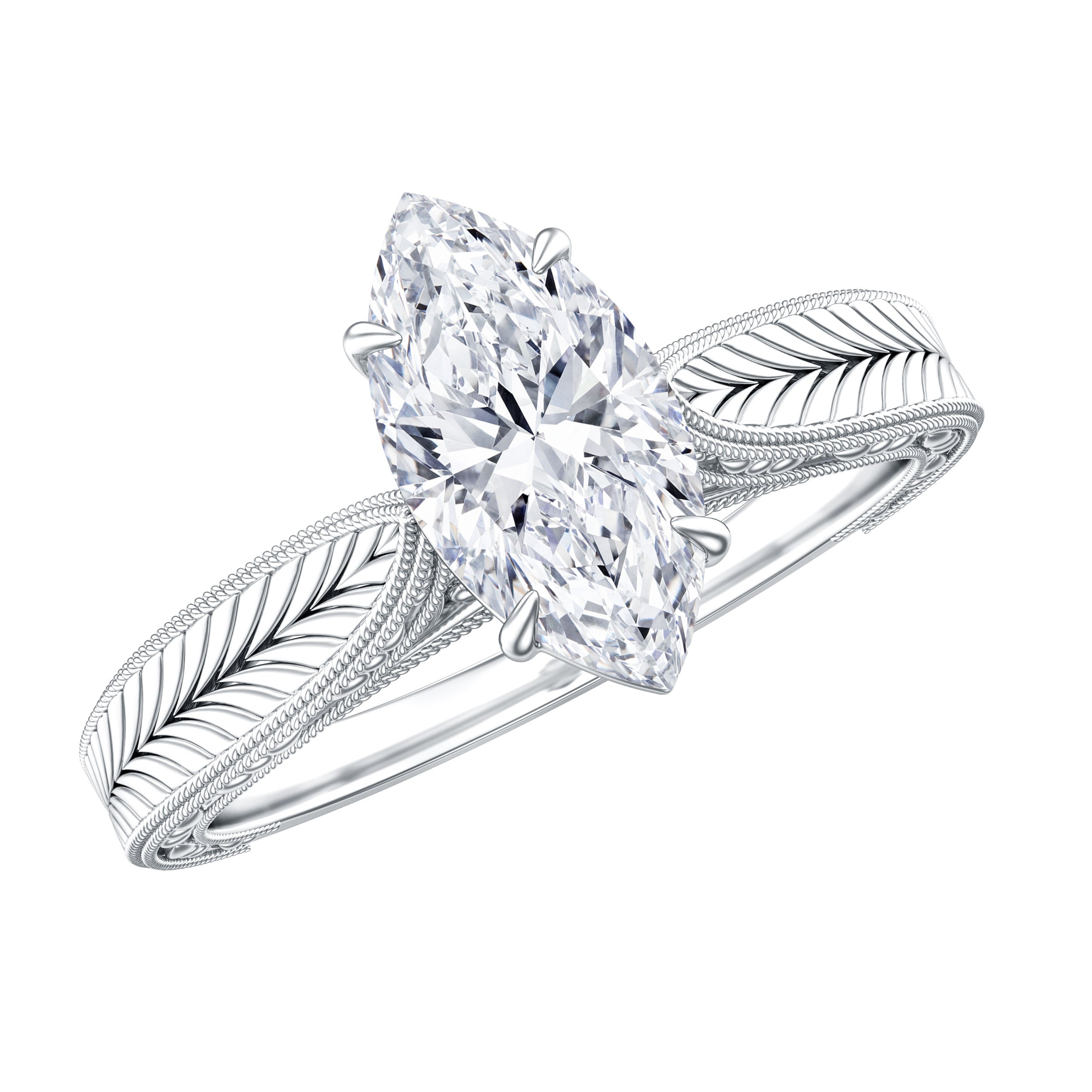 IGI Certified Vintage Looking Engraved Engagement Ring with 1 Carat Marquise Lab Diamond Lab - ( E-VS1 ) - Rosec Jewels