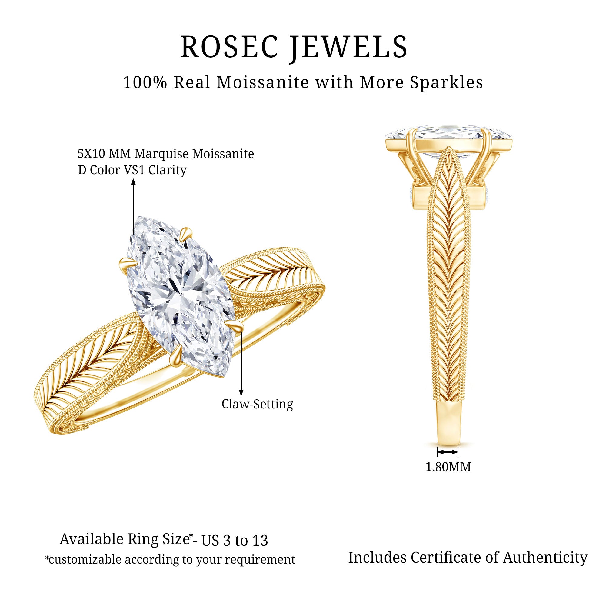IGI Certified Vintage Looking Engraved Engagement Ring with 1 Carat Marquise Lab Diamond Lab - ( E-VS1 ) - Rosec Jewels