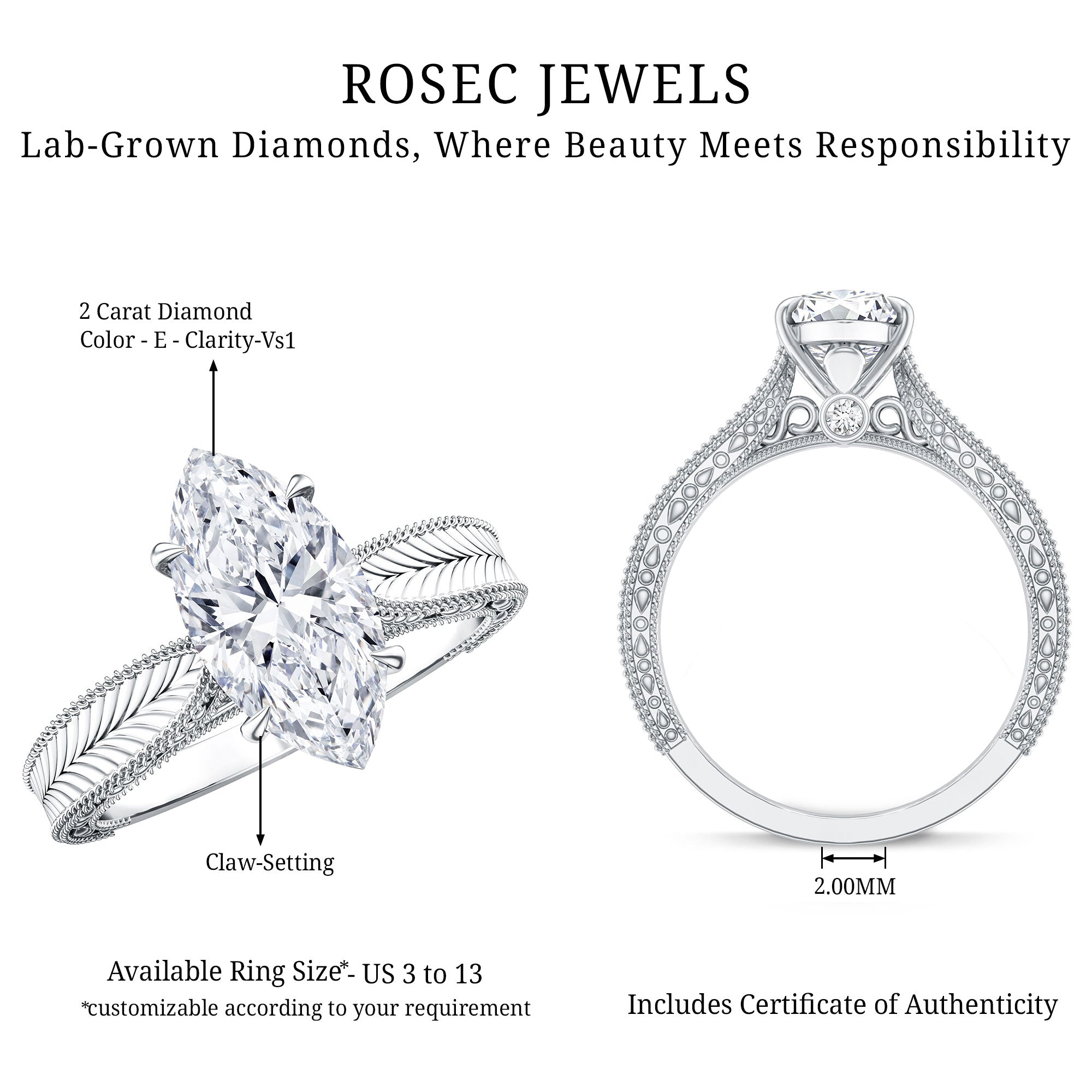 Rosec Jewels-IGI Certified Antique Looking 2 Carat Marquise Lab Diamond Engagement Ring with Engraved Shank