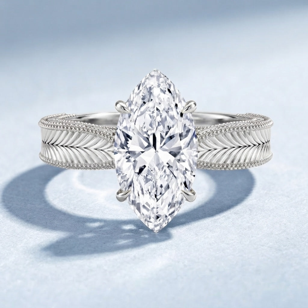 IGI Certified Antique Looking 2 Carat Marquise Lab Diamond Engagement Ring with Engraved Shank Lab - ( E-VS1 ) - Rosec Jewels