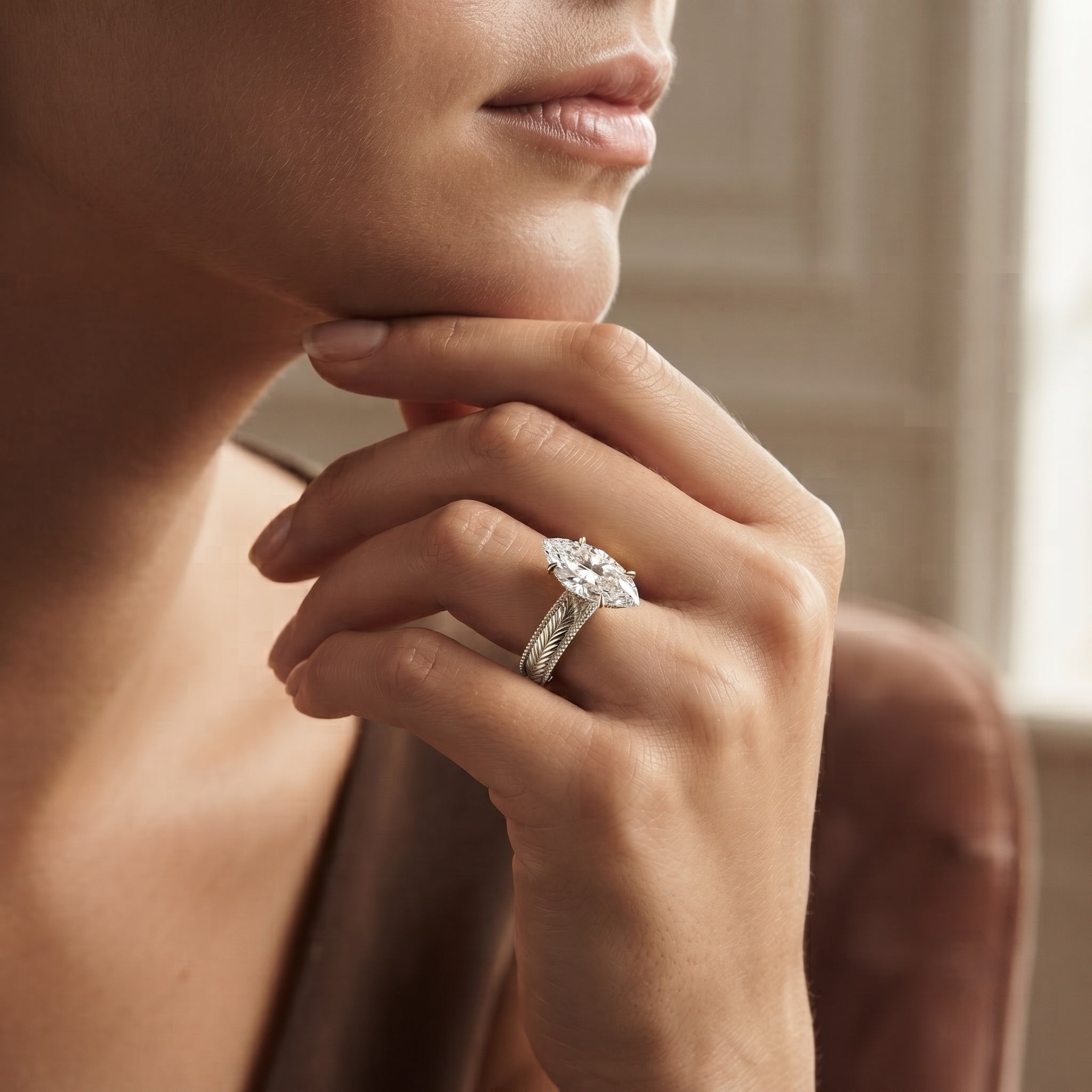 IGI Certified Antique Looking 2 Carat Marquise Lab Diamond Engagement Ring with Engraved Shank Lab - ( E-VS1 ) - Rosec Jewels
