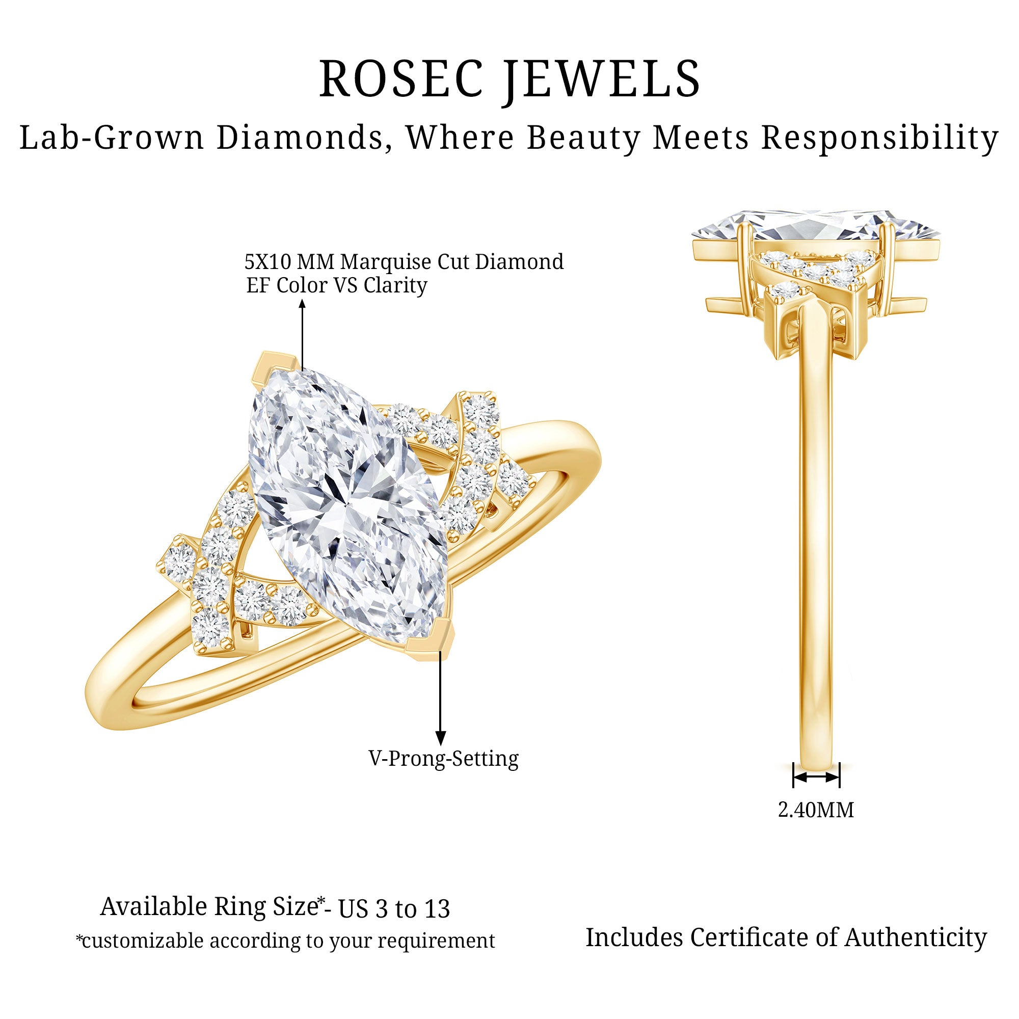 Rosec Jewels-IGI Certified 1 Carat Lab Grown Diamond Marquise Engagement Ring with Split Shank