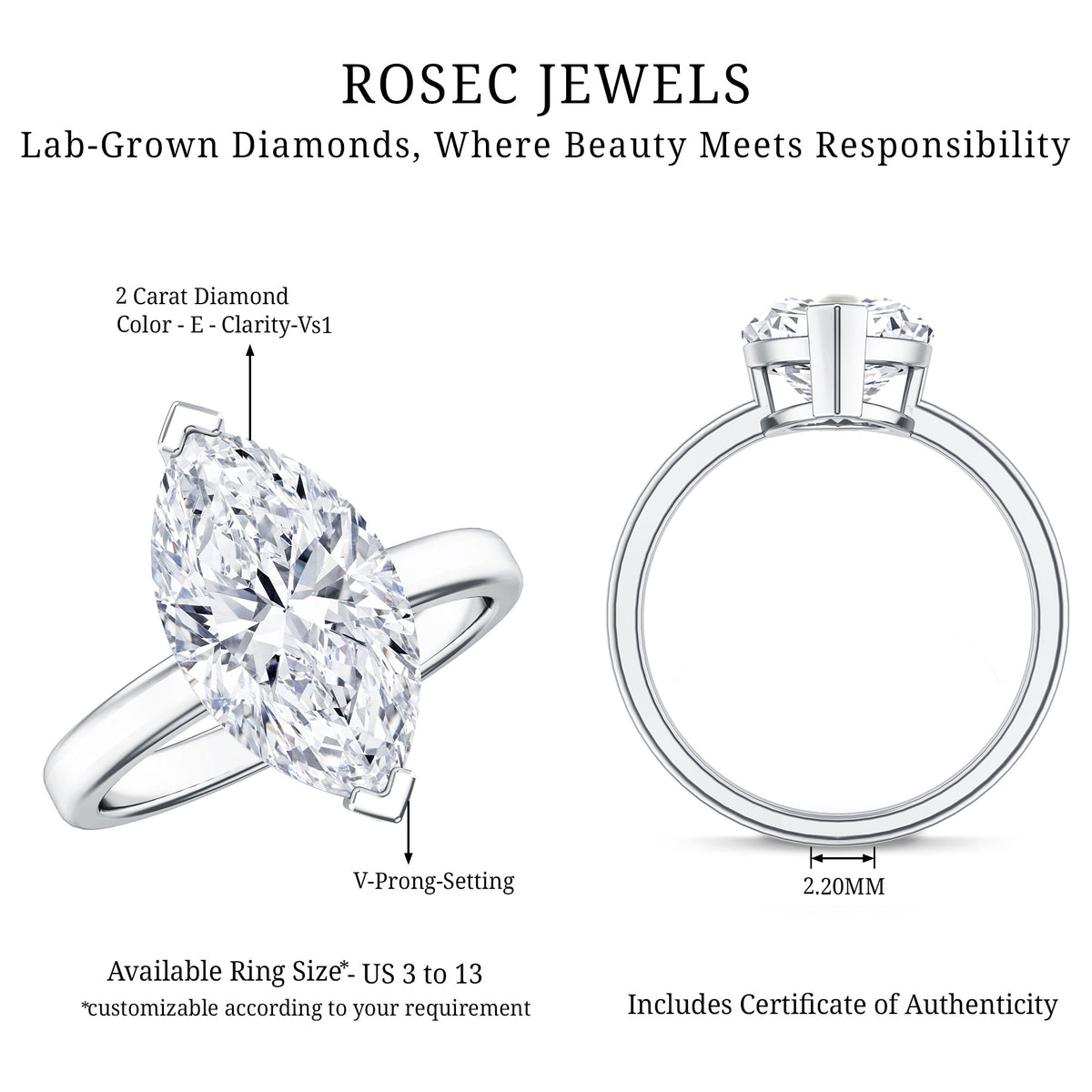 Rosec Jewels-2 Carat Lab Grown Diamond Marquise Engagement Ring with IGI Certificate