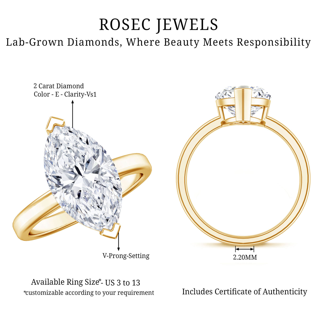 Rosec Jewels-2 Carat Lab Grown Diamond Marquise Engagement Ring with IGI Certificate