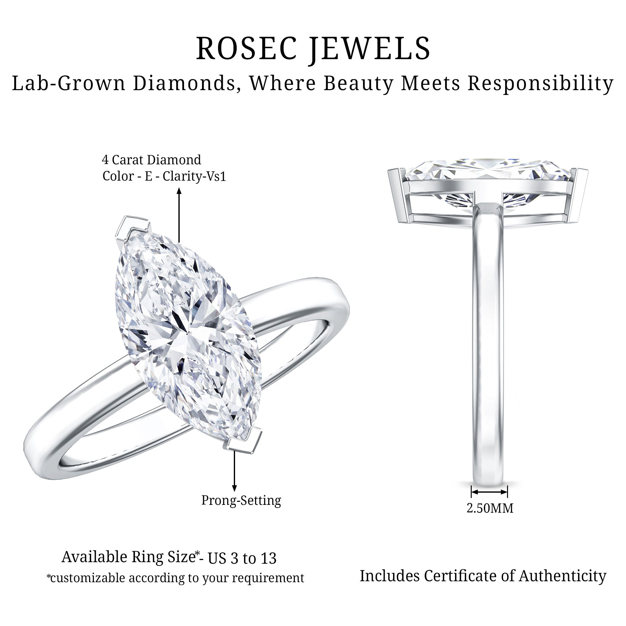 Rosec Jewels-IGI Certified 4 Carat Marquise Lab Grown Diamond Solitaire Engagement Ring