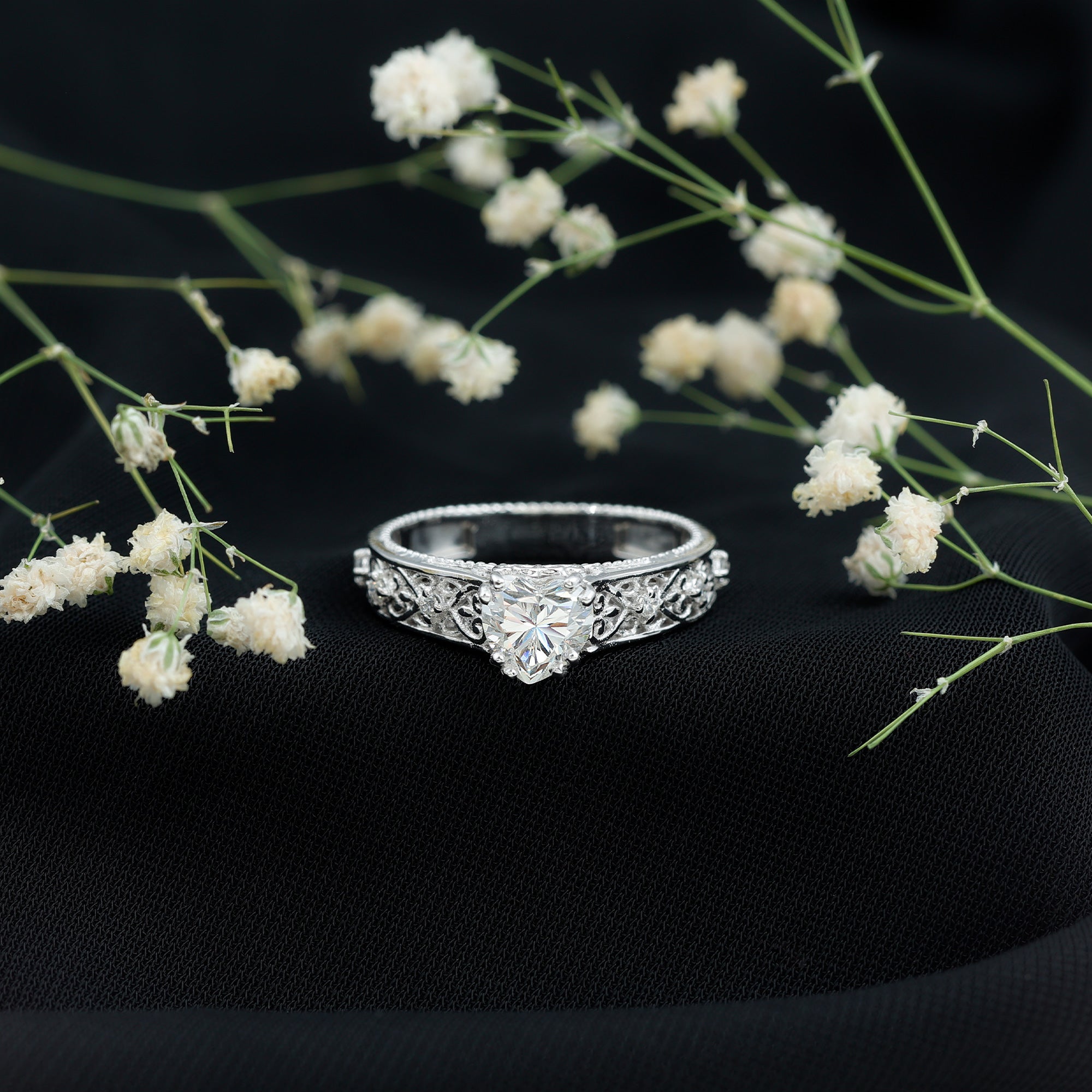 IGI Certified 1 Carat Lab Diamond Heart Engagement Ring with Antique Inspired Filigree Detail Lab - ( E-VS1 ) - Rosec Jewels