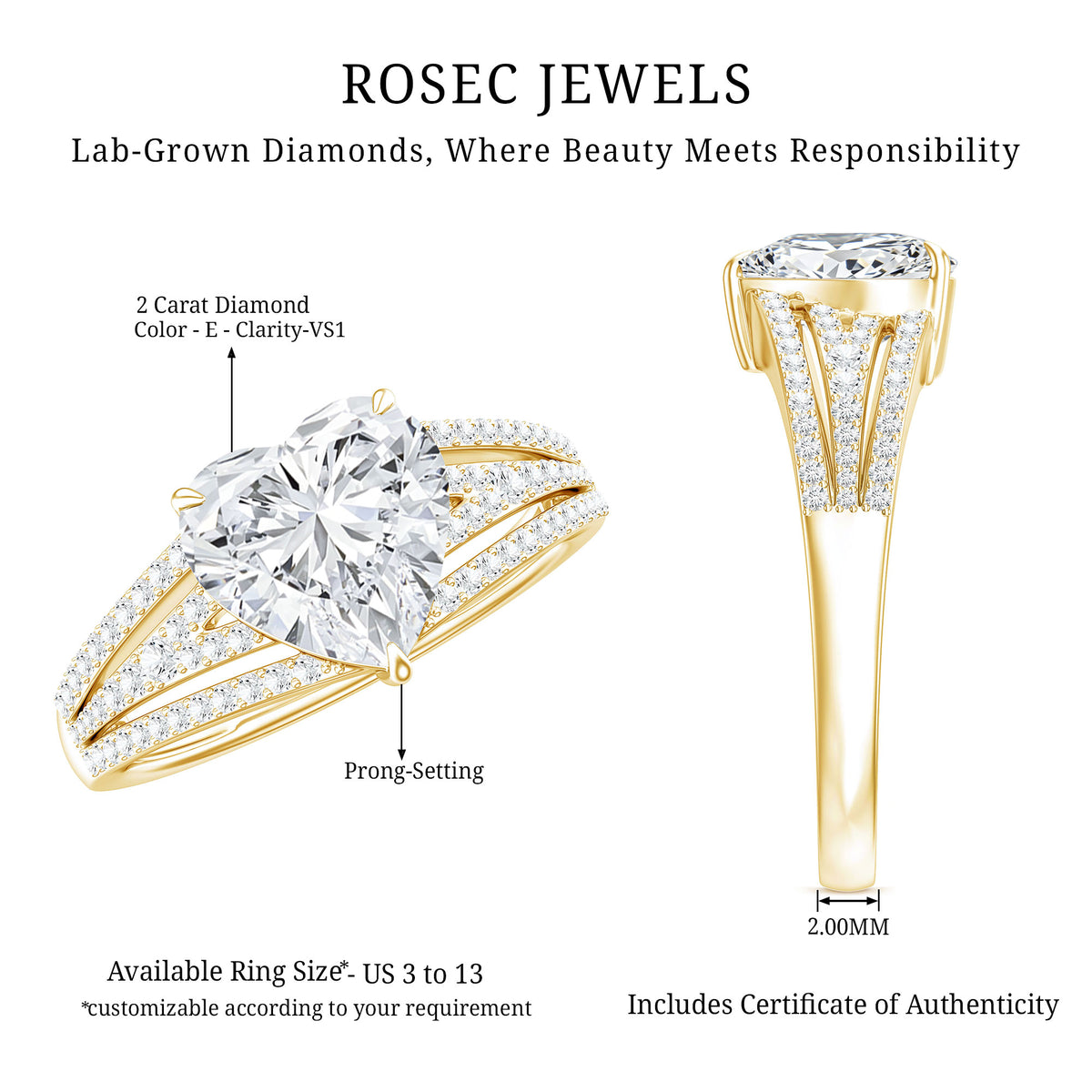 Rosec Jewels-2 Carat Heart Shape Lab Diamond Statement Engagement Ring IGI Certified