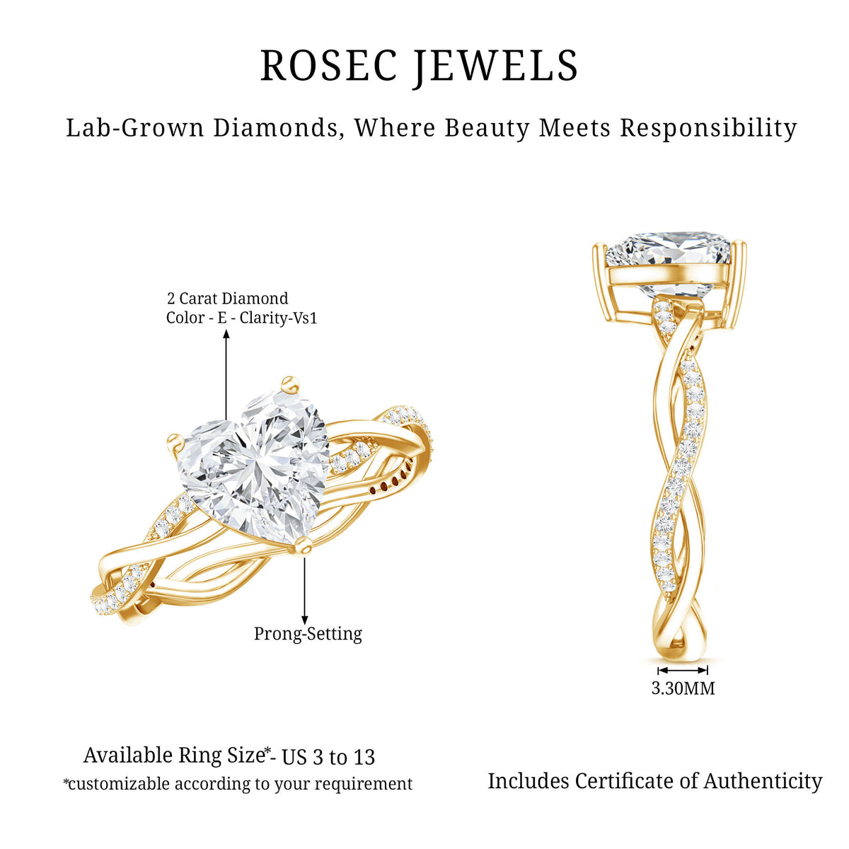 Rosec Jewels-IGI Verified 2 Carat Lab Grown Diamond Heart Engagement Ring with Braided Shank