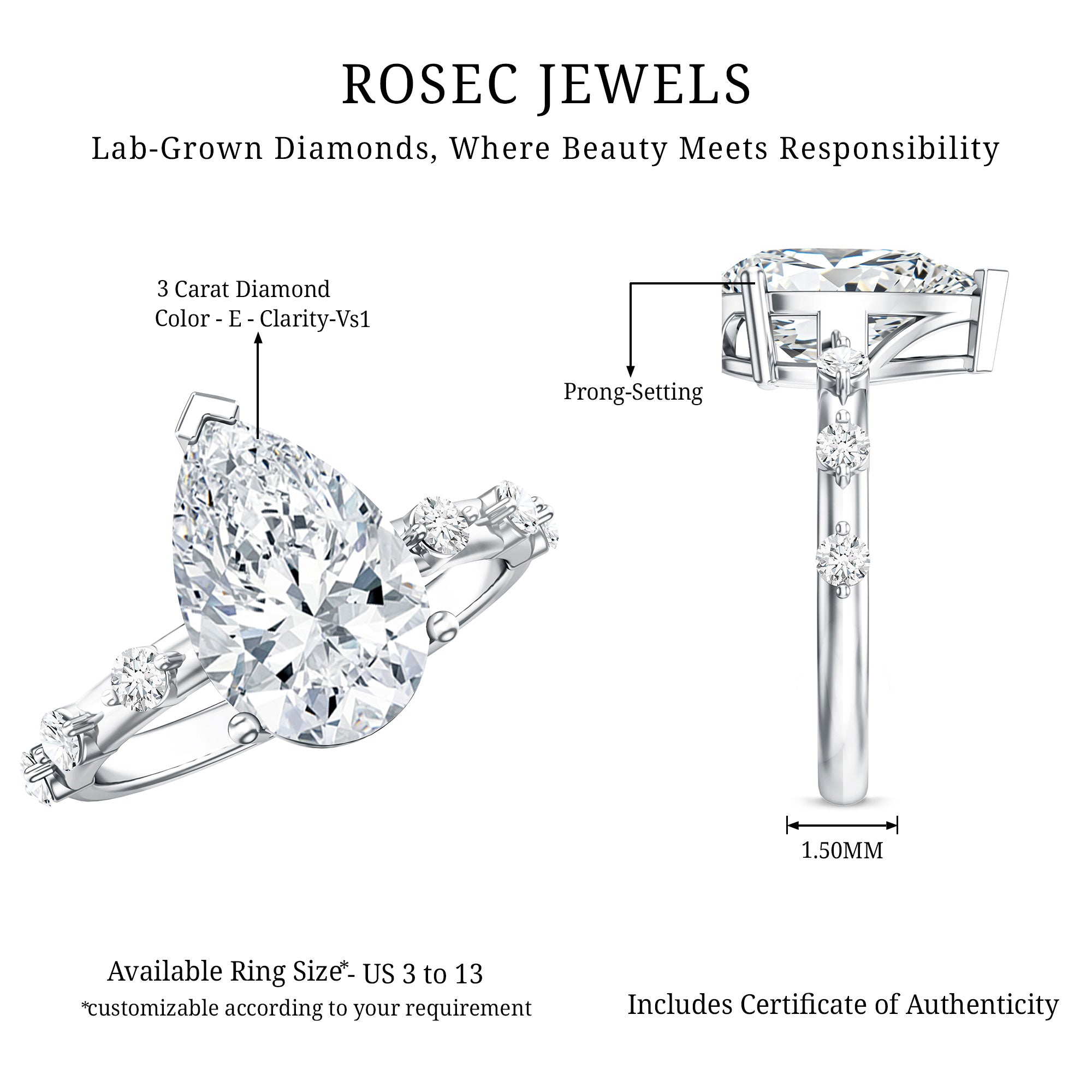 Rosec Jewels-3 Carat Lab Grown Pear Shaped Diamond Solitaire Engagement Ring with IGI Certificate