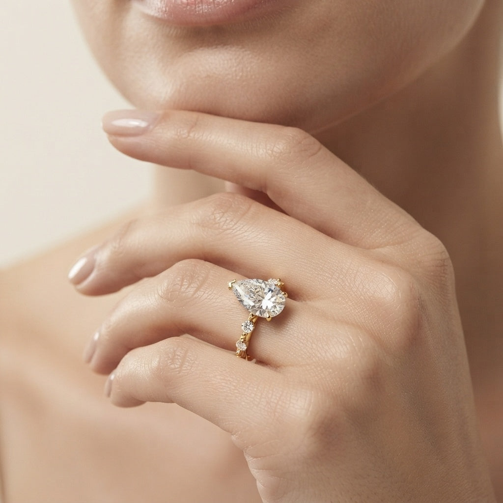 3 Carat Lab Grown Pear Shaped Diamond Solitaire Engagement Ring with IGI Certificate Lab - ( E-VS1 ) - Rosec Jewels