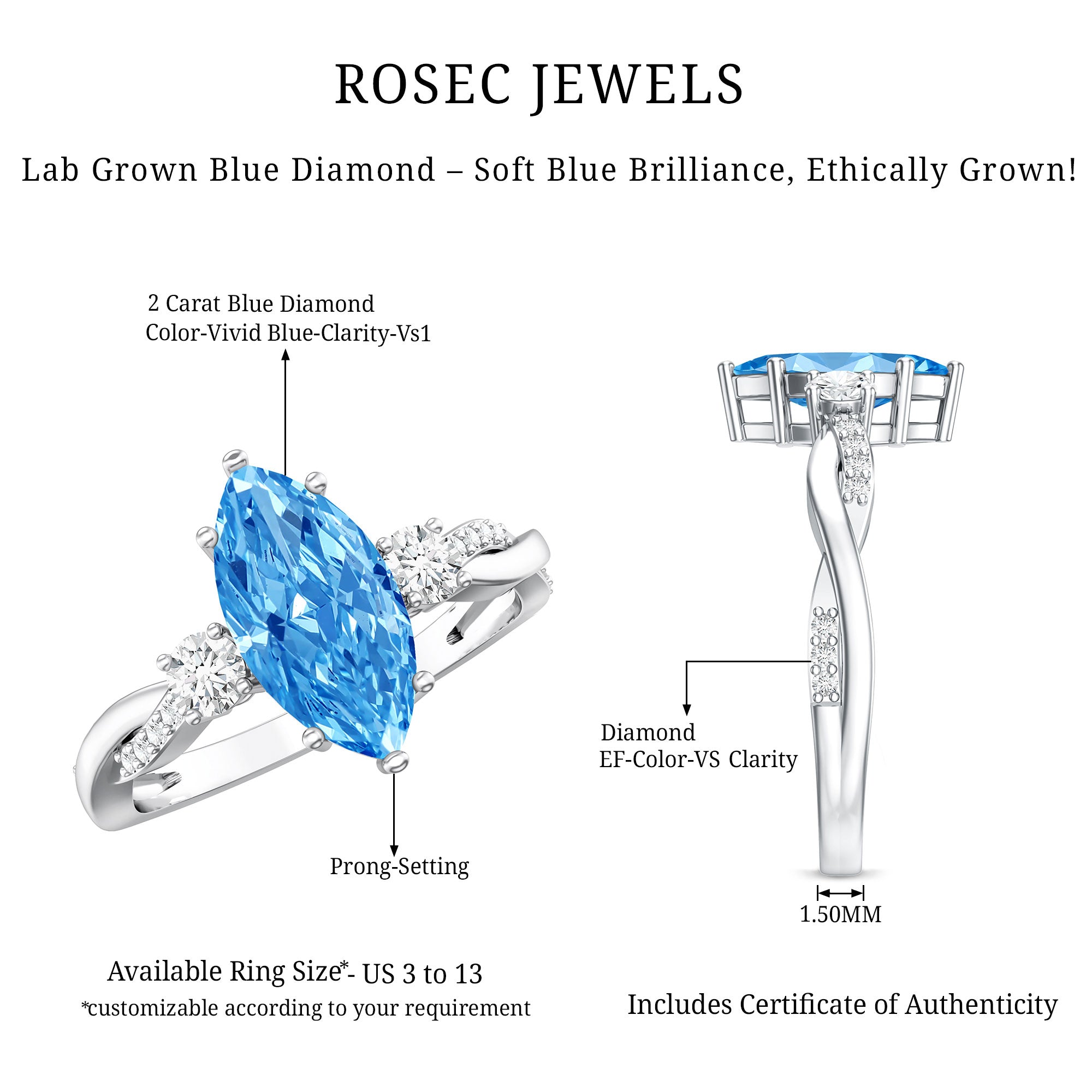 Rosec Jewels-IGI Certified Marquise Lab Grown Blue Diamond Designer Engagement Ring 2 Carat