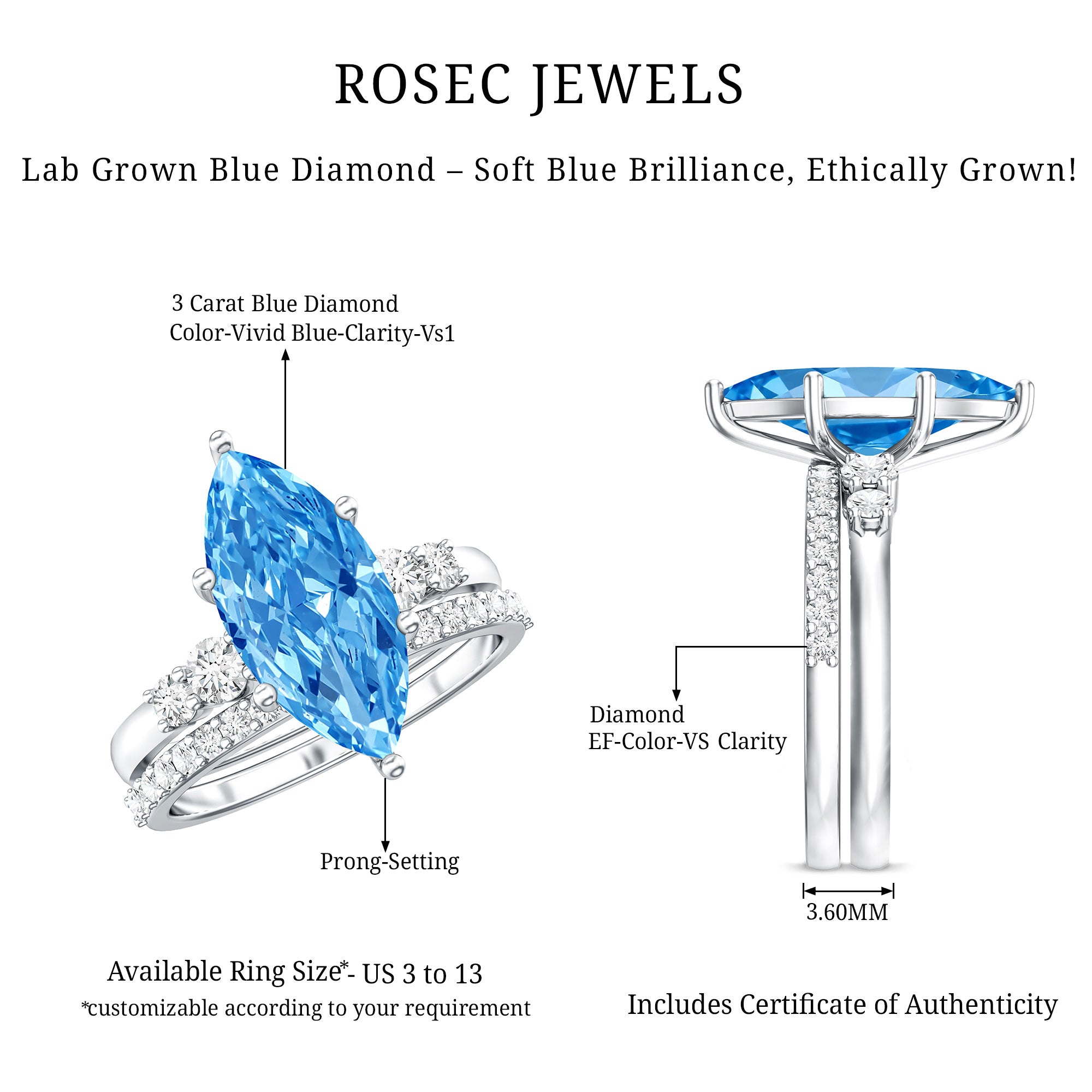 Rosec Jewels-IGI Certified Marquise Cut Lab Grown 3 Carat Blue Diamond Engagement Ring with Enhancer