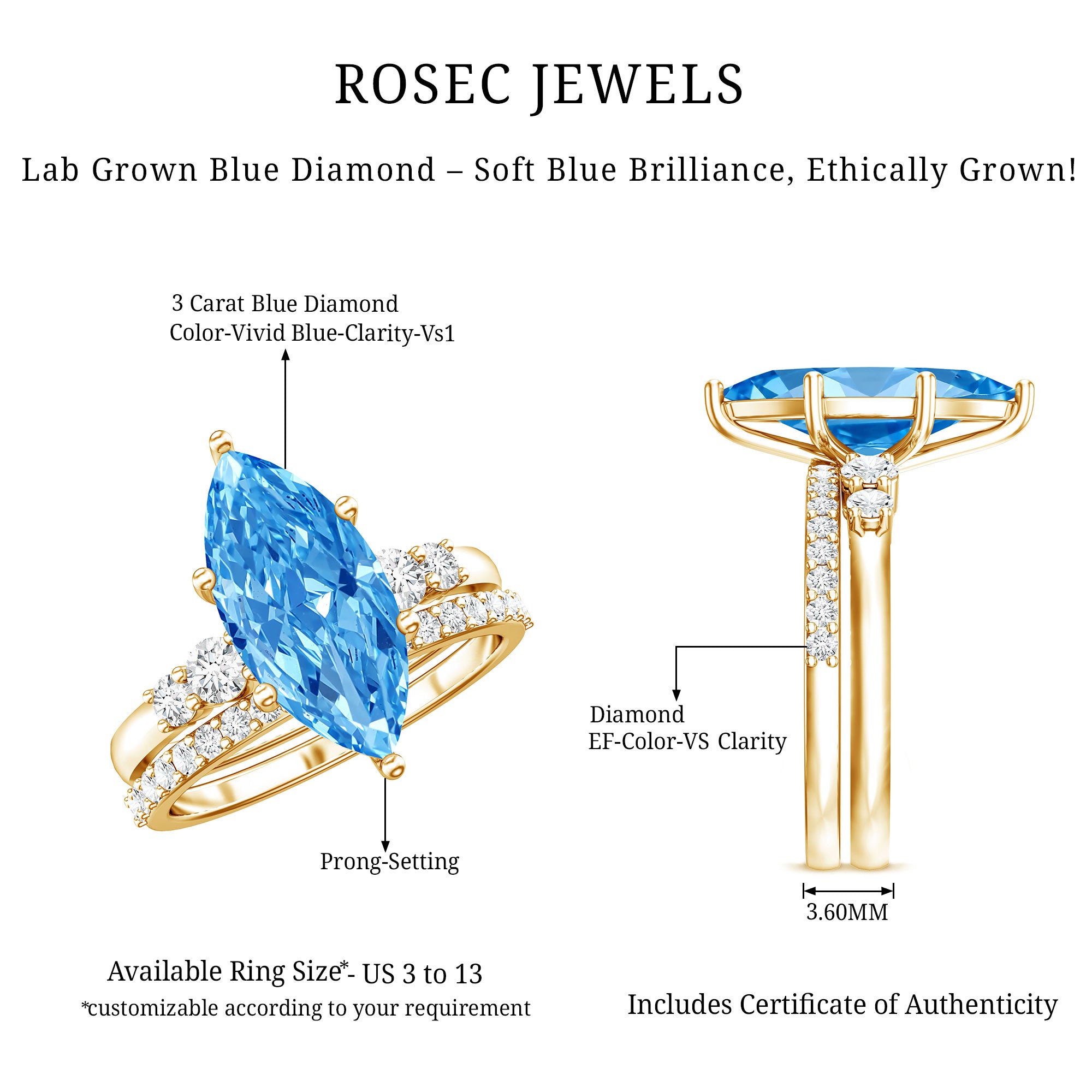 Rosec Jewels-IGI Certified Marquise Cut Lab Grown 3 Carat Blue Diamond Engagement Ring with Enhancer