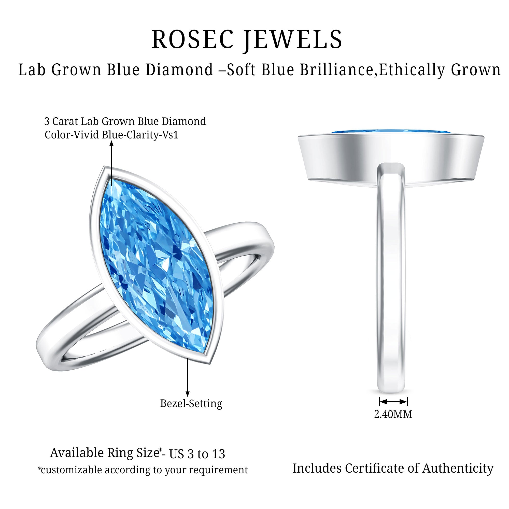 Rosec Jewels-IGI Certified Bezel Set Lab Grown Blue Diamond Marquise Engagement Ring 3 Carat