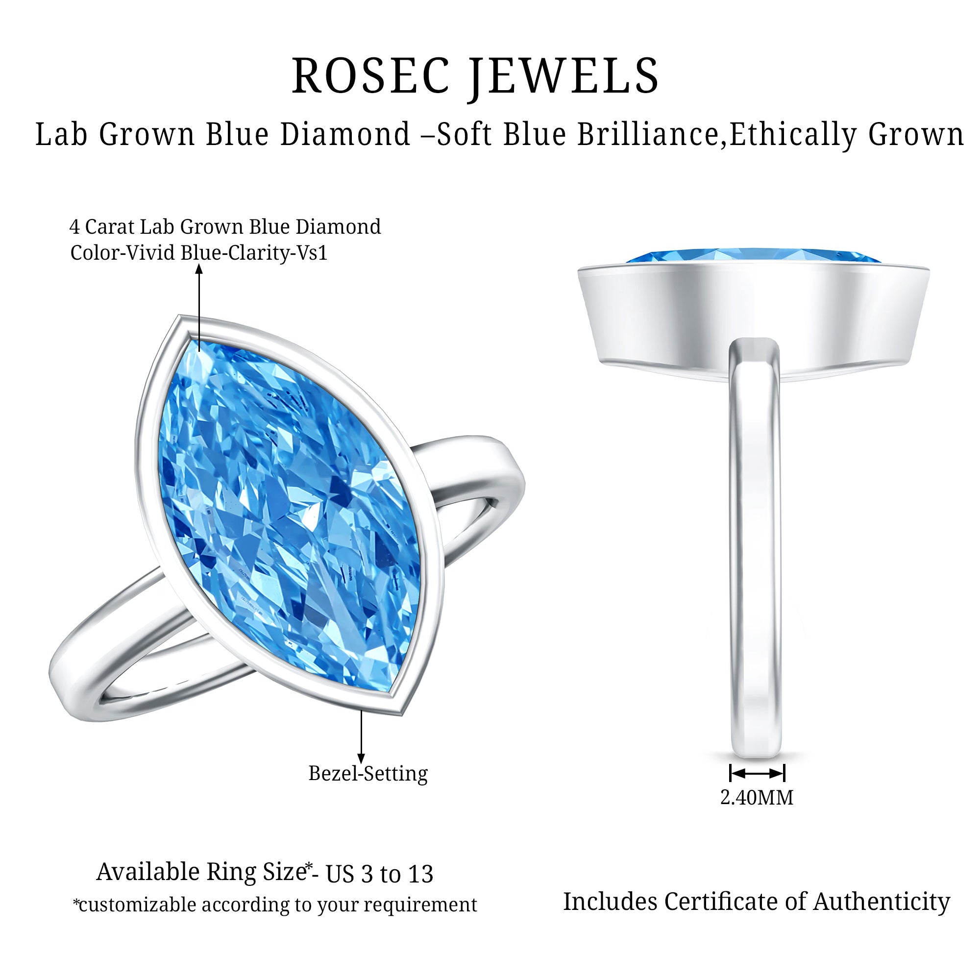 Rosec Jewels-Big 4 Carat Lab Grown Blue Diamond Marquise Cut Engagement Ring IGI Certified