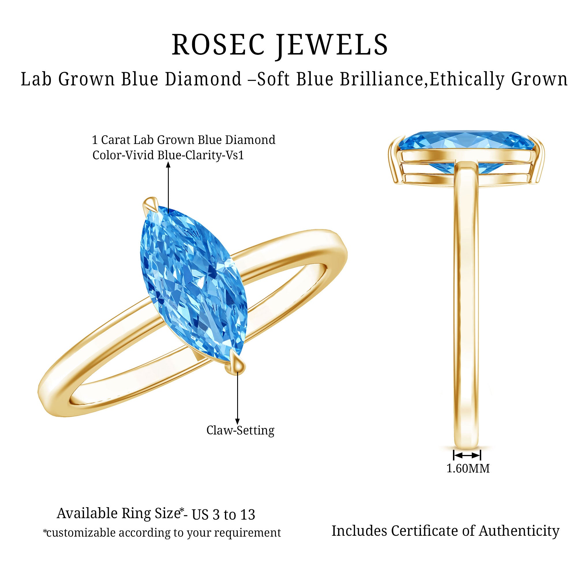 Rosec Jewels-Solitaire 1 Carat Marquise Cut Lab Grown Blue Diamond Engagement Ring with IGI Certificate