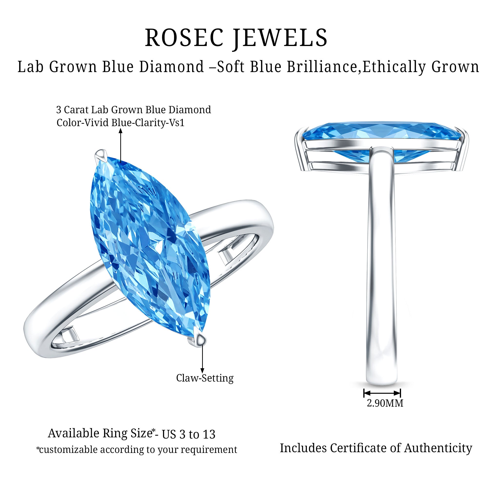 Rosec Jewels-Solitaire 3 Carat Marquise Cut Lab Grown Blue Diamond Engagement Ring IGI Certified