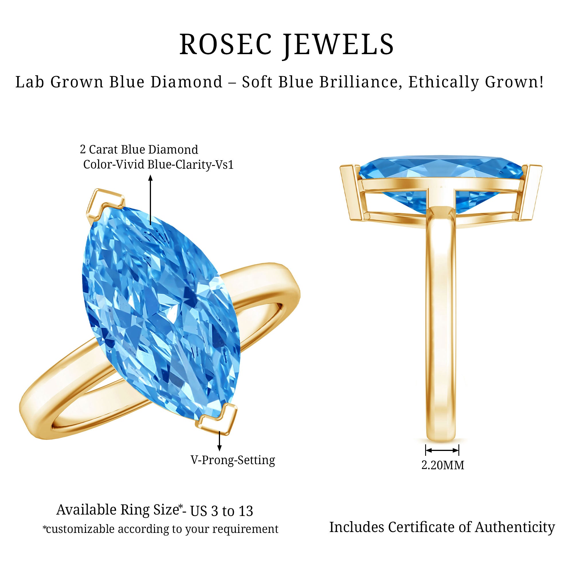 Rosec Jewels-Marquise Lab Grown Blue Diamond 2 Carat Solitaire Engagement Ring IGI Certified