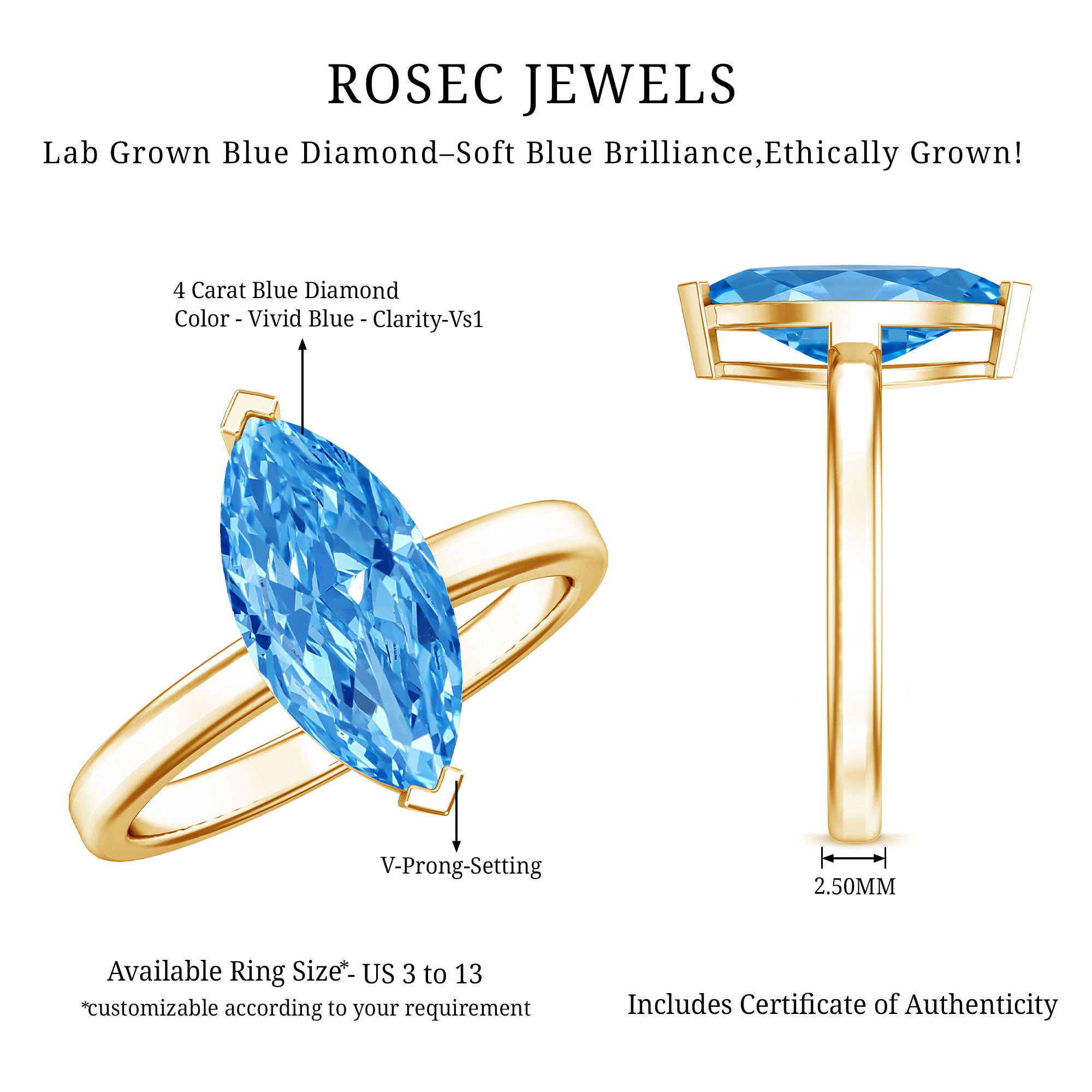 Rosec Jewels-IGI Certified 4 Carat Engagement Ring with Solitaire Marquise Cut Lab Grown Blue Diamond
