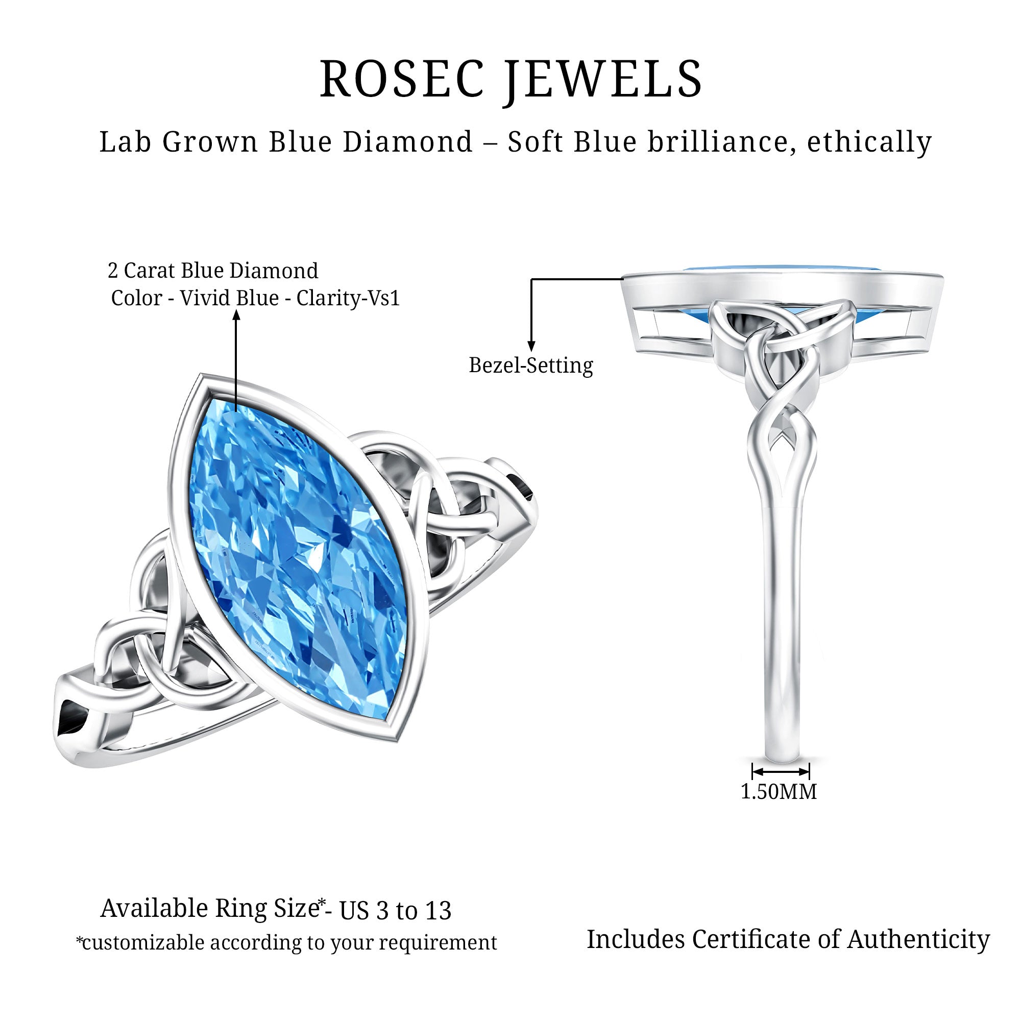Rosec Jewels-2 Carat Marquise Cut Lab Grown Blue Diamond Celtic Engagement Ring IGI Certified