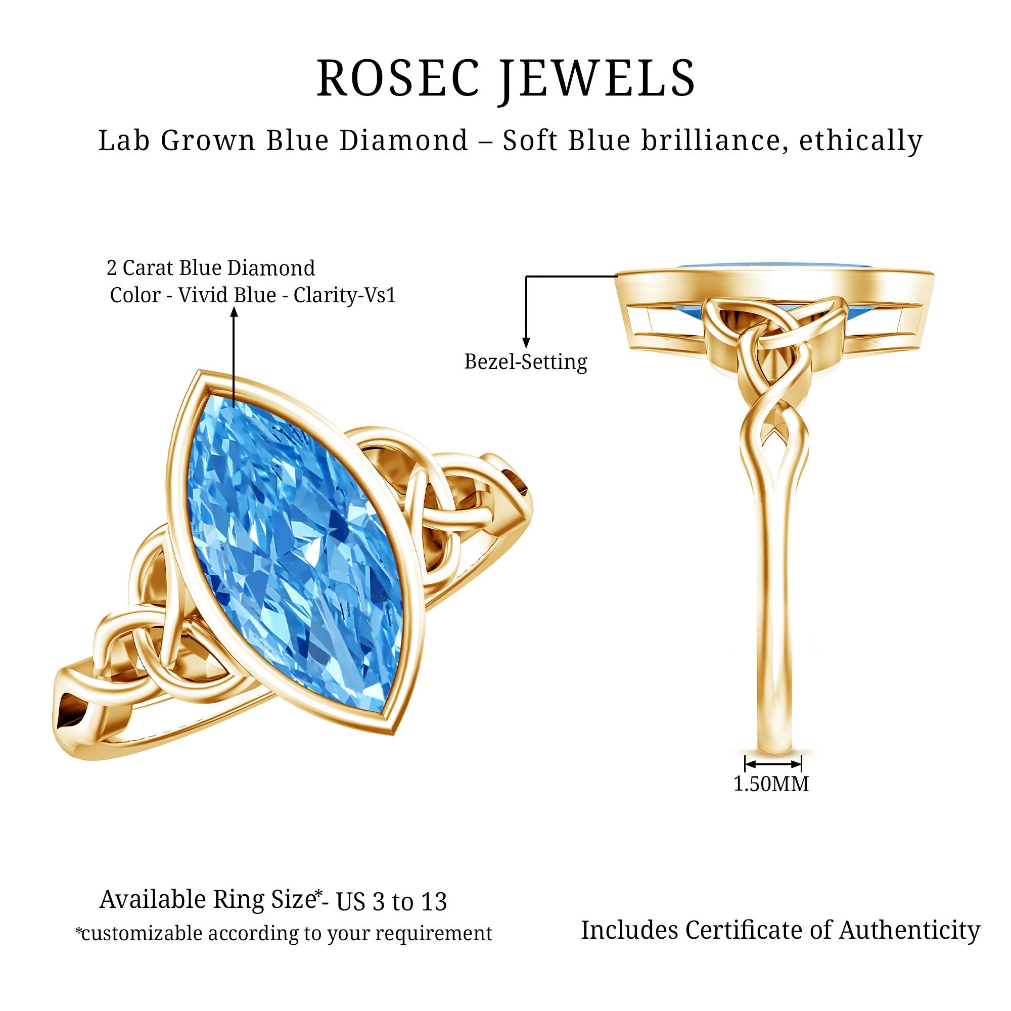 Rosec Jewels-2 Carat Marquise Cut Lab Grown Blue Diamond Celtic Engagement Ring IGI Certified