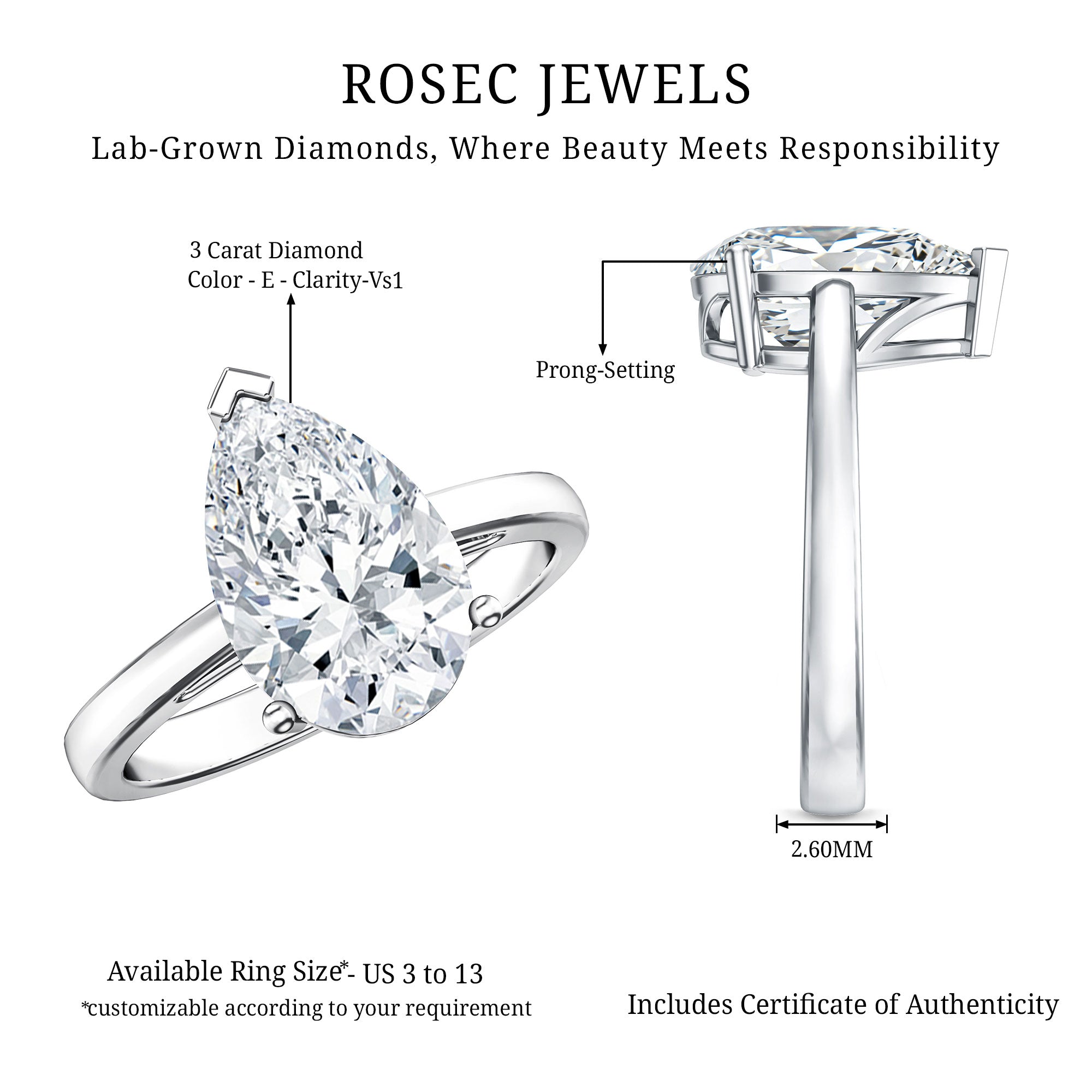 Rosec Jewels-IGI Certified Lab Grown 3 Carat Pear Shaped Diamond Ring for Engagement