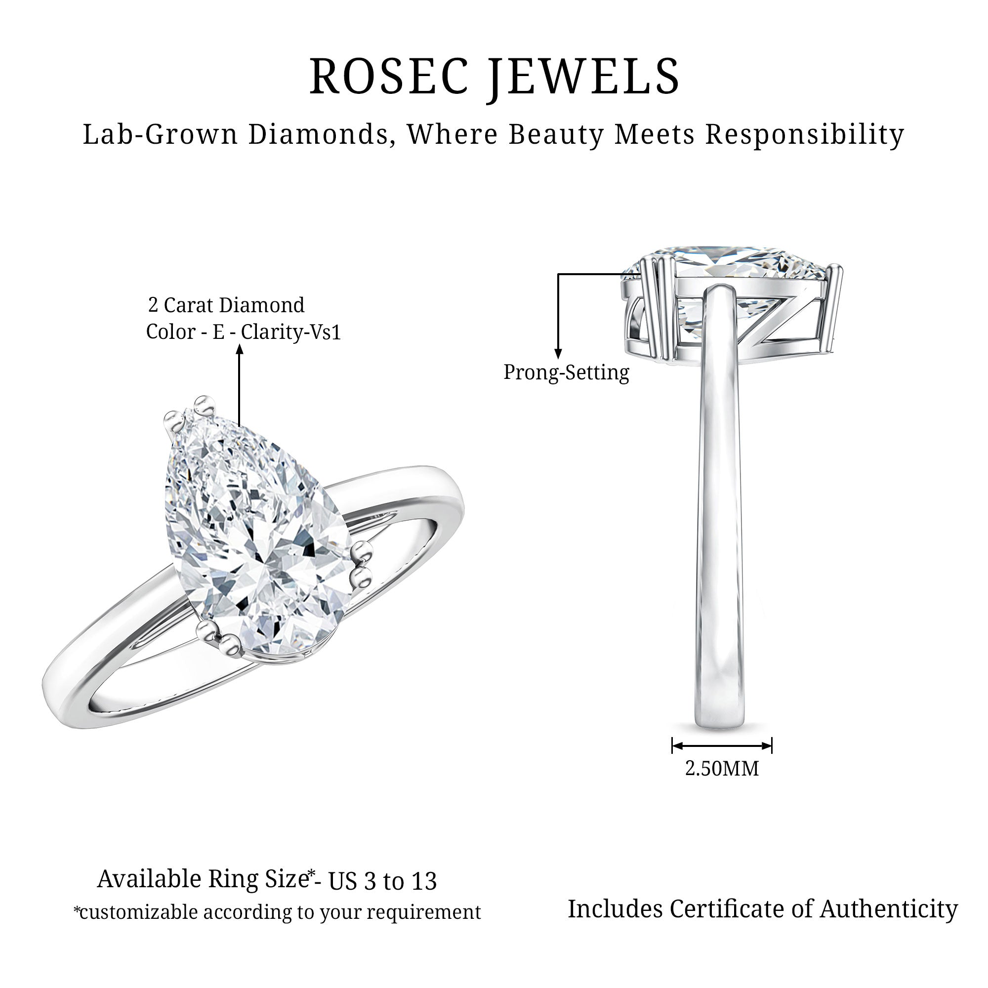 Rosec Jewels-IGI Certified Lab Grown 2 Carat Diamond Pear Engagement Ring Solitaire