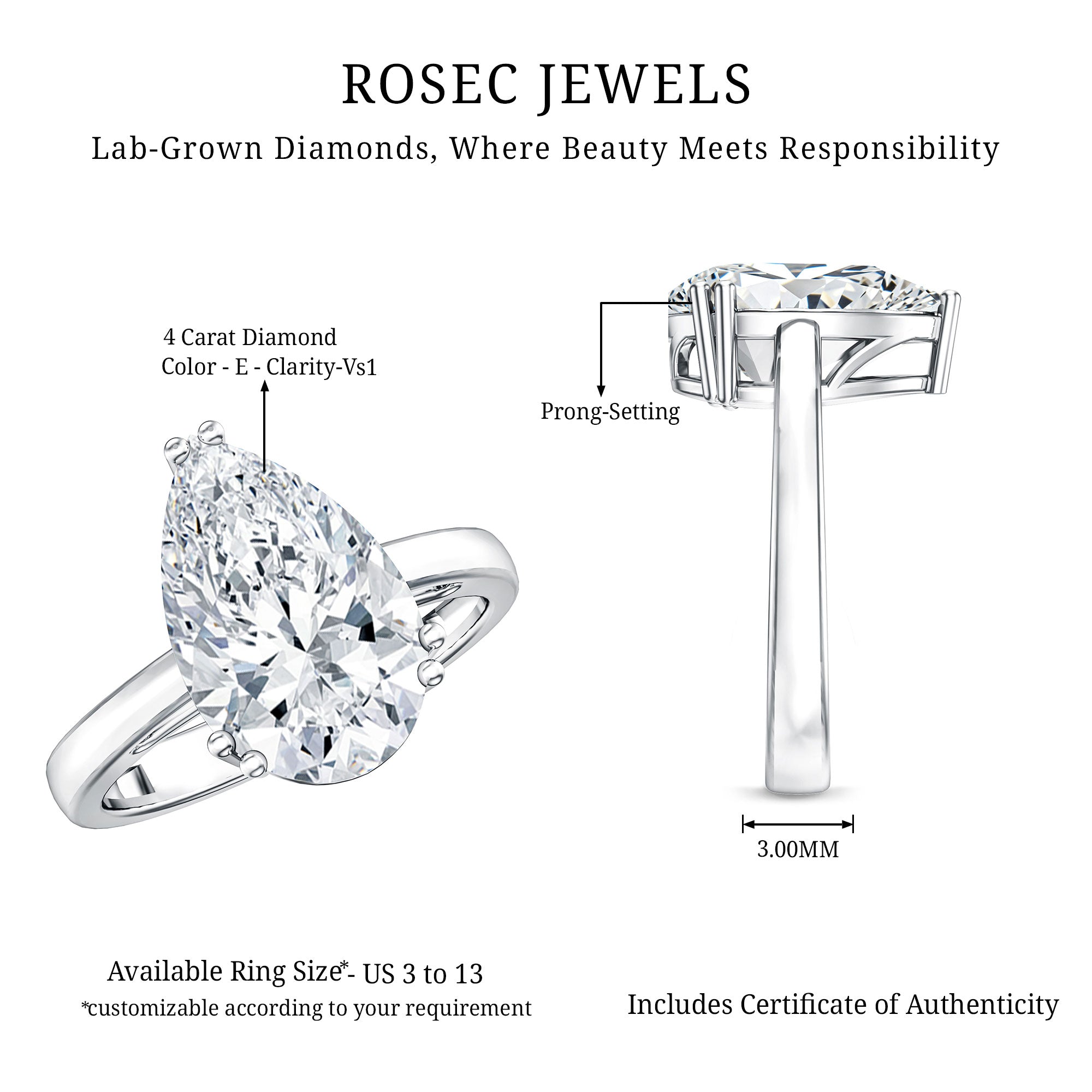 Rosec Jewels-Double Prong Set Lab Grown Pear Diamond 4 Carat Engagement Ring with IGI Certificate