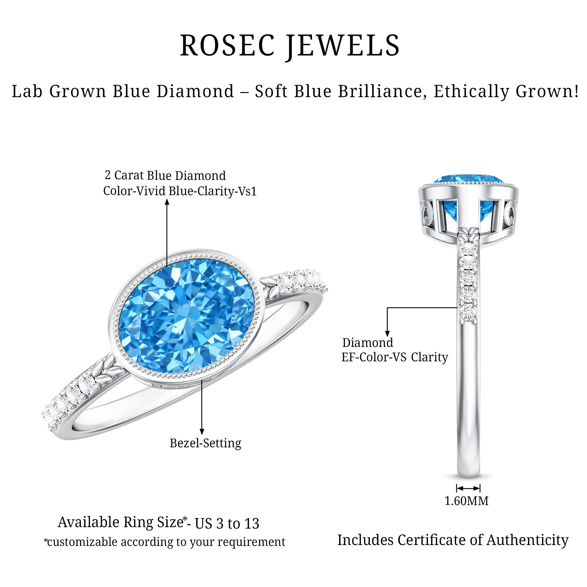 Rosec Jewels-2 Carat Lab Created Blue Diamond East West Oval Engagement Ring with IGI Certificate