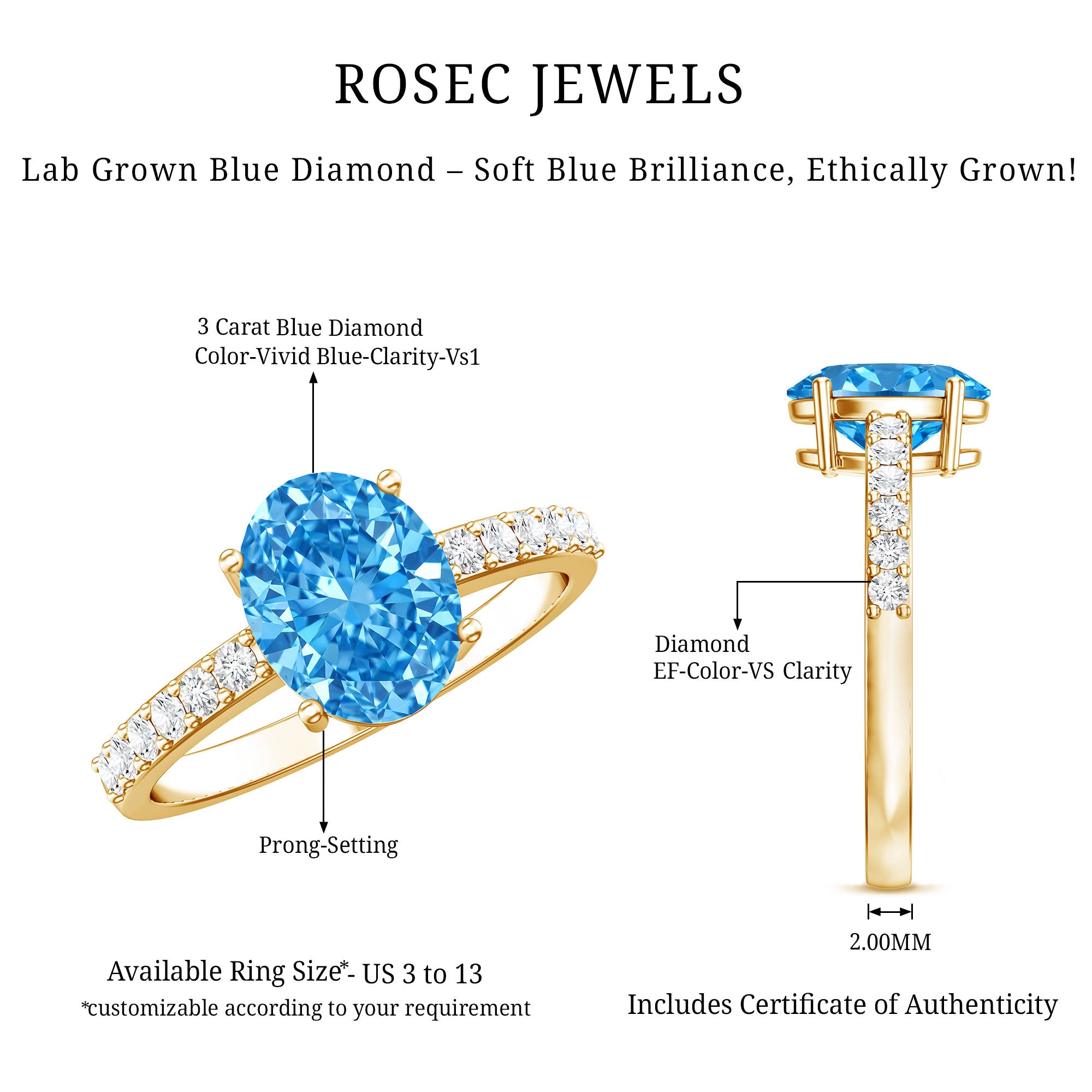 Rosec Jewels-3 Carat Lab Grown Oval Blue Diamond Engagement Ring with IGI Certificate