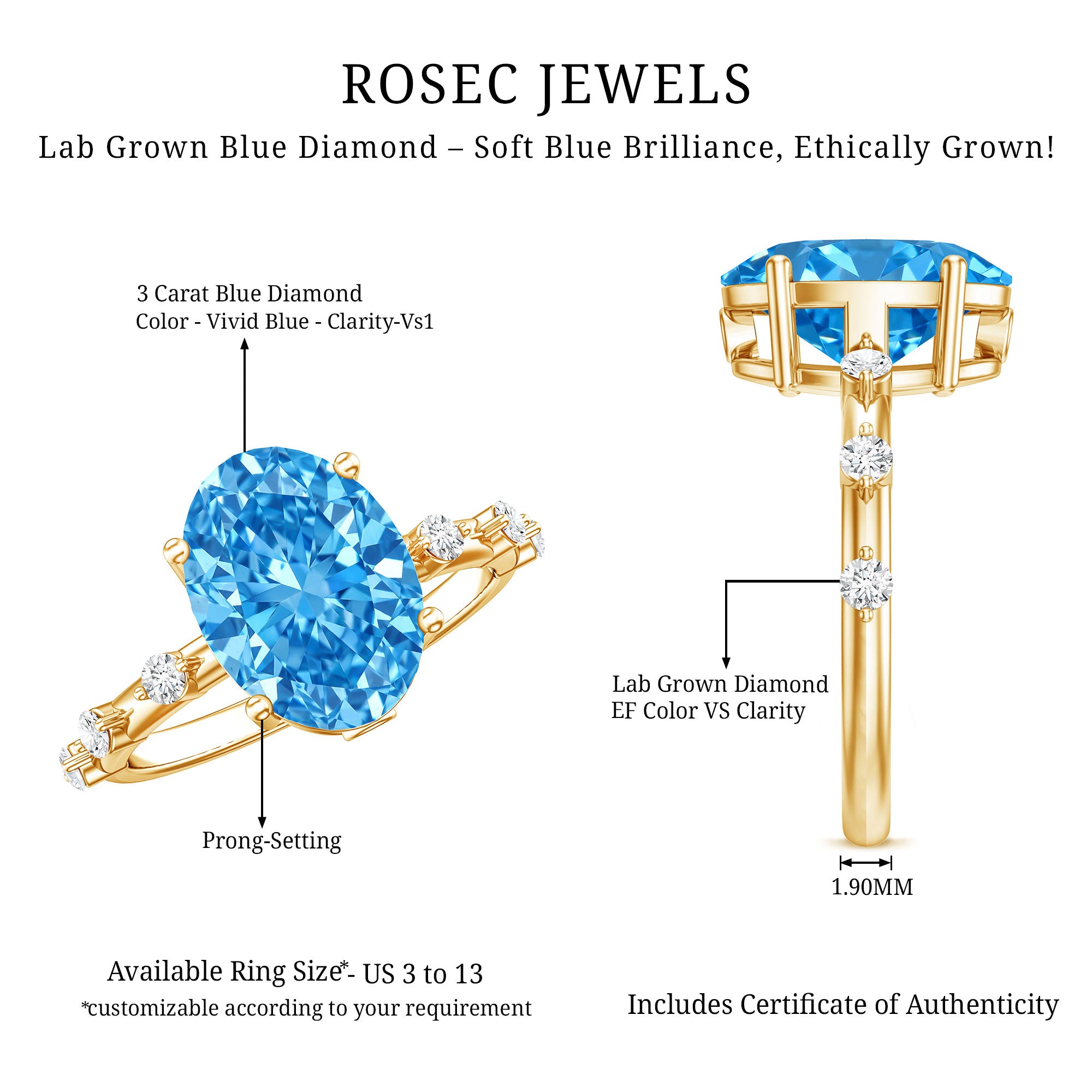 Rosec Jewels-IGI Certified 3 Carat Lab Created Oval Blue Diamond Engagement Ring