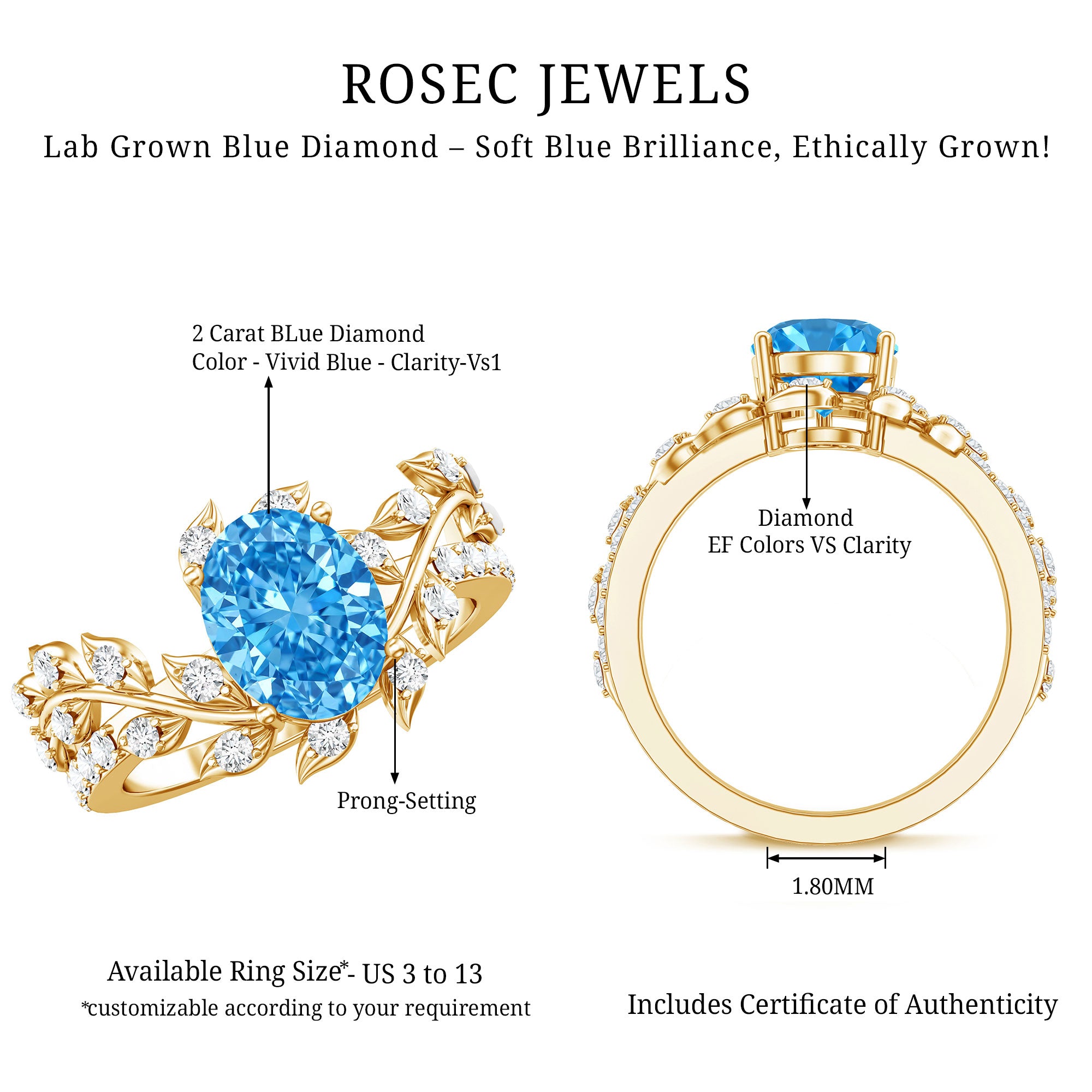 Rosec Jewels-Nature Inspired 2 Carat Lab Grown Diamond Vine Engagement Ring with IGI Certificate