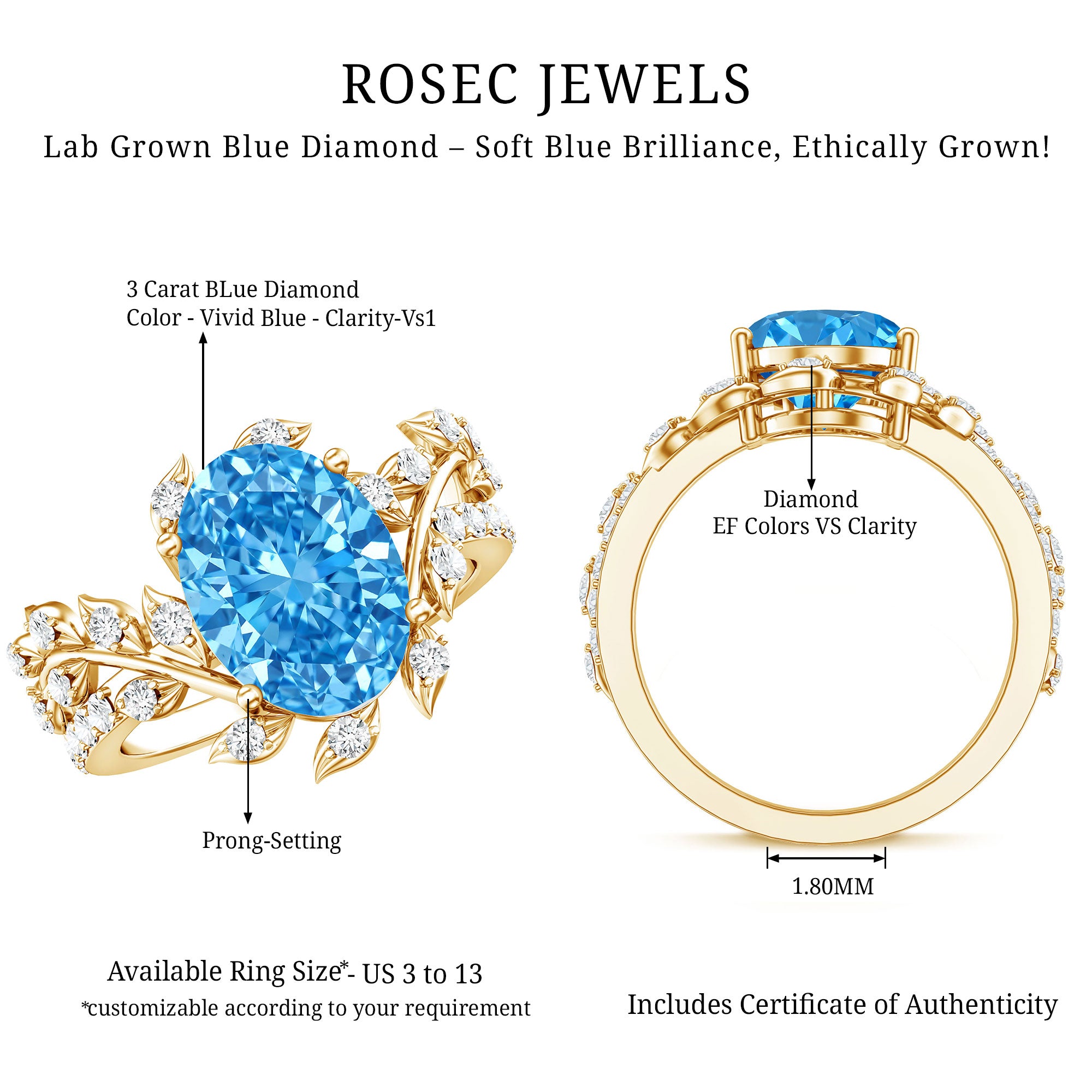 Rosec Jewels-IGI Certified 3 Carat Oval Shaped Lab Grown Blue Diamond Vine Engagement Ring