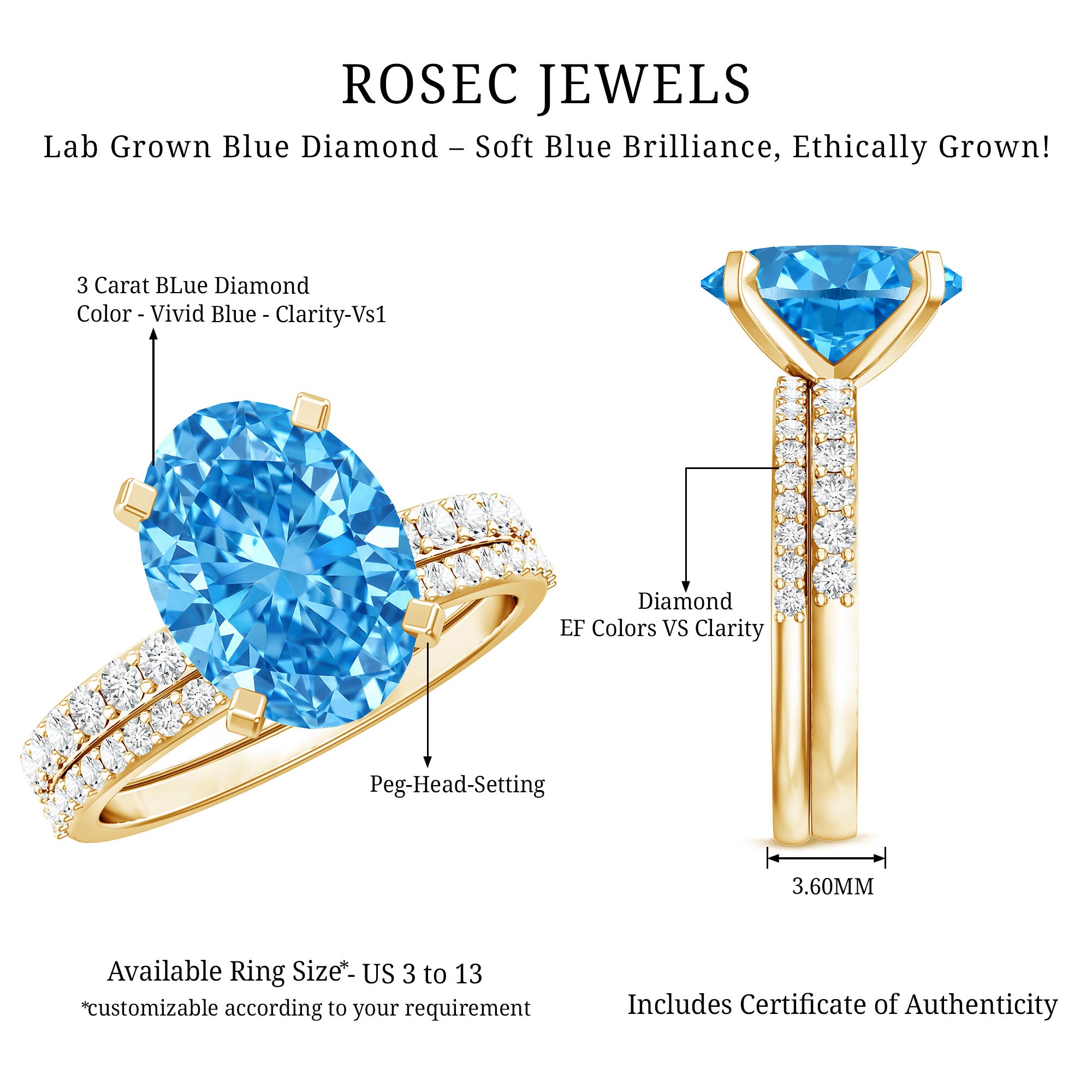 Rosec Jewels-IGI Certified 3 Carat Oval Lab Grown Blue Diamond Solitaire Bridal Ring Set