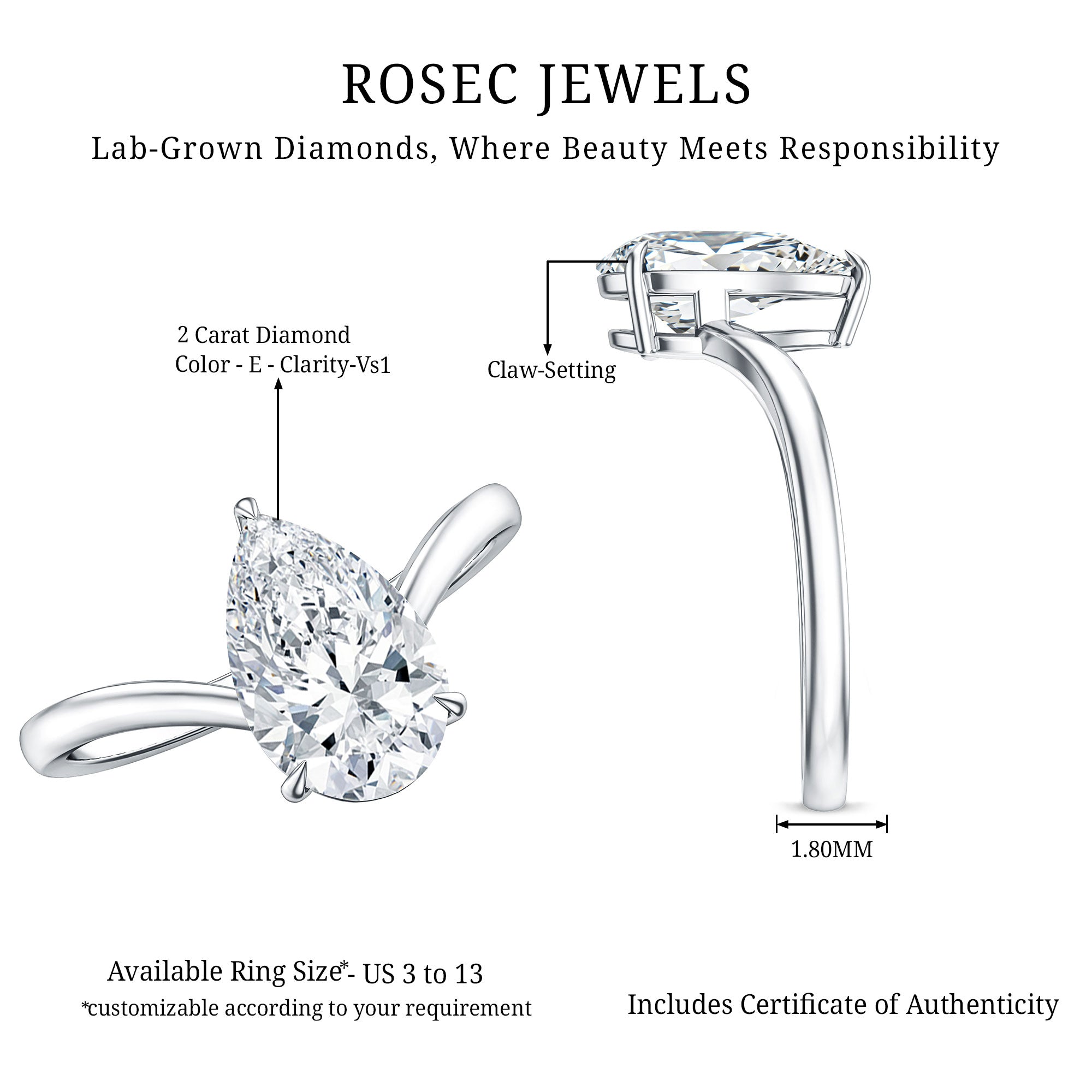 Rosec Jewels-IGI Certified 2 Carat Pear Shape Lab Grown Diamond Chevron Engagement Ring